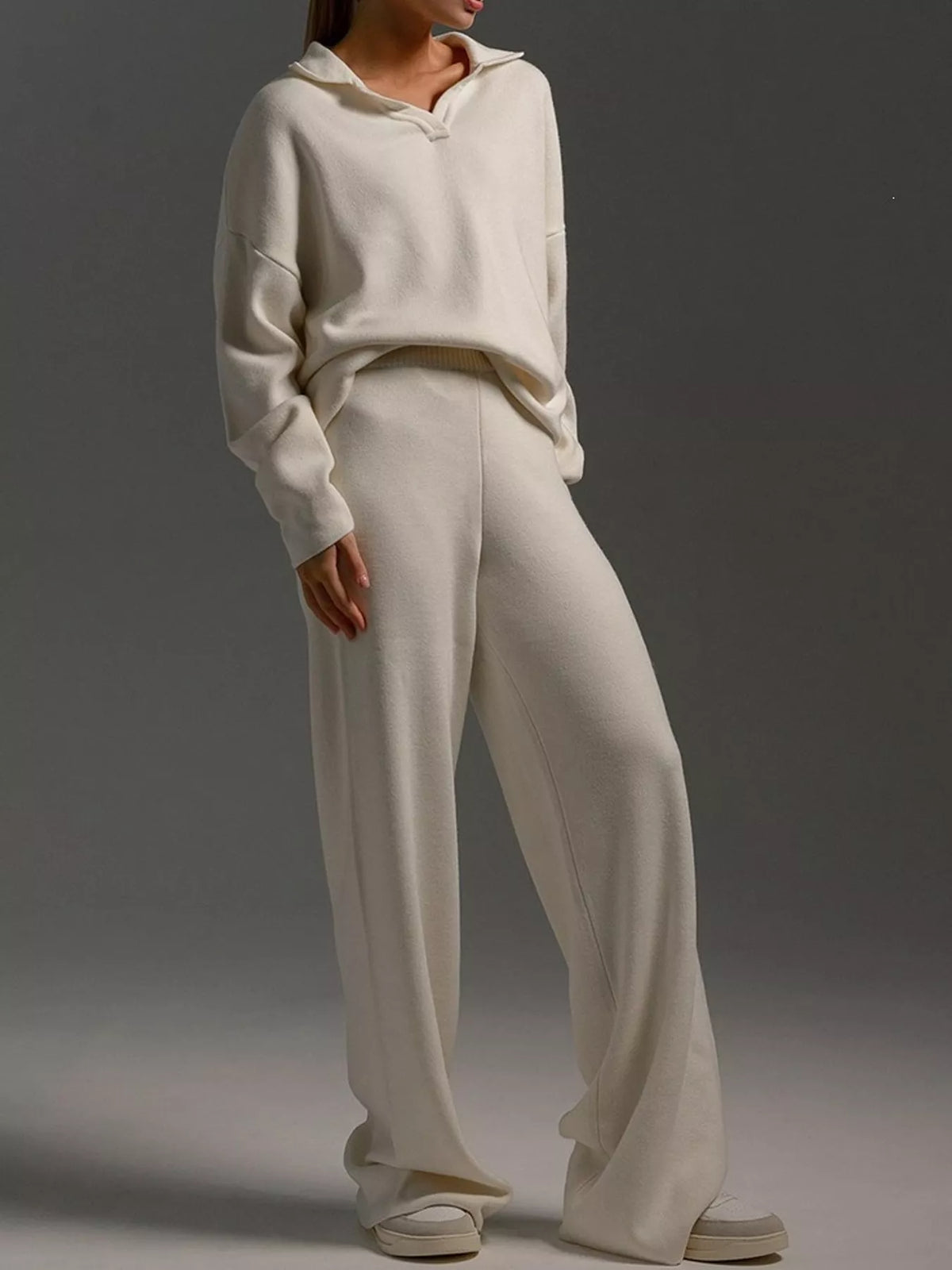 Polo top and pants set, beige set angled front
