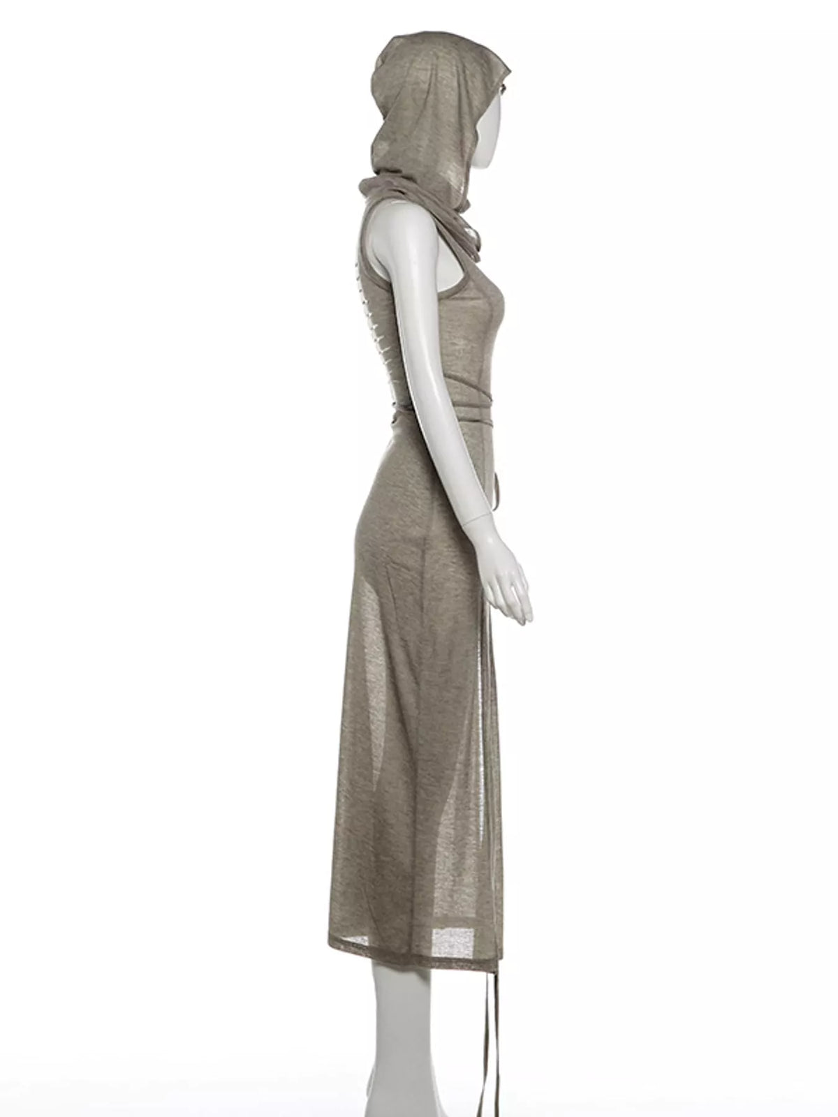 Taupe sleeveless high slit hooded maxi dress, side view