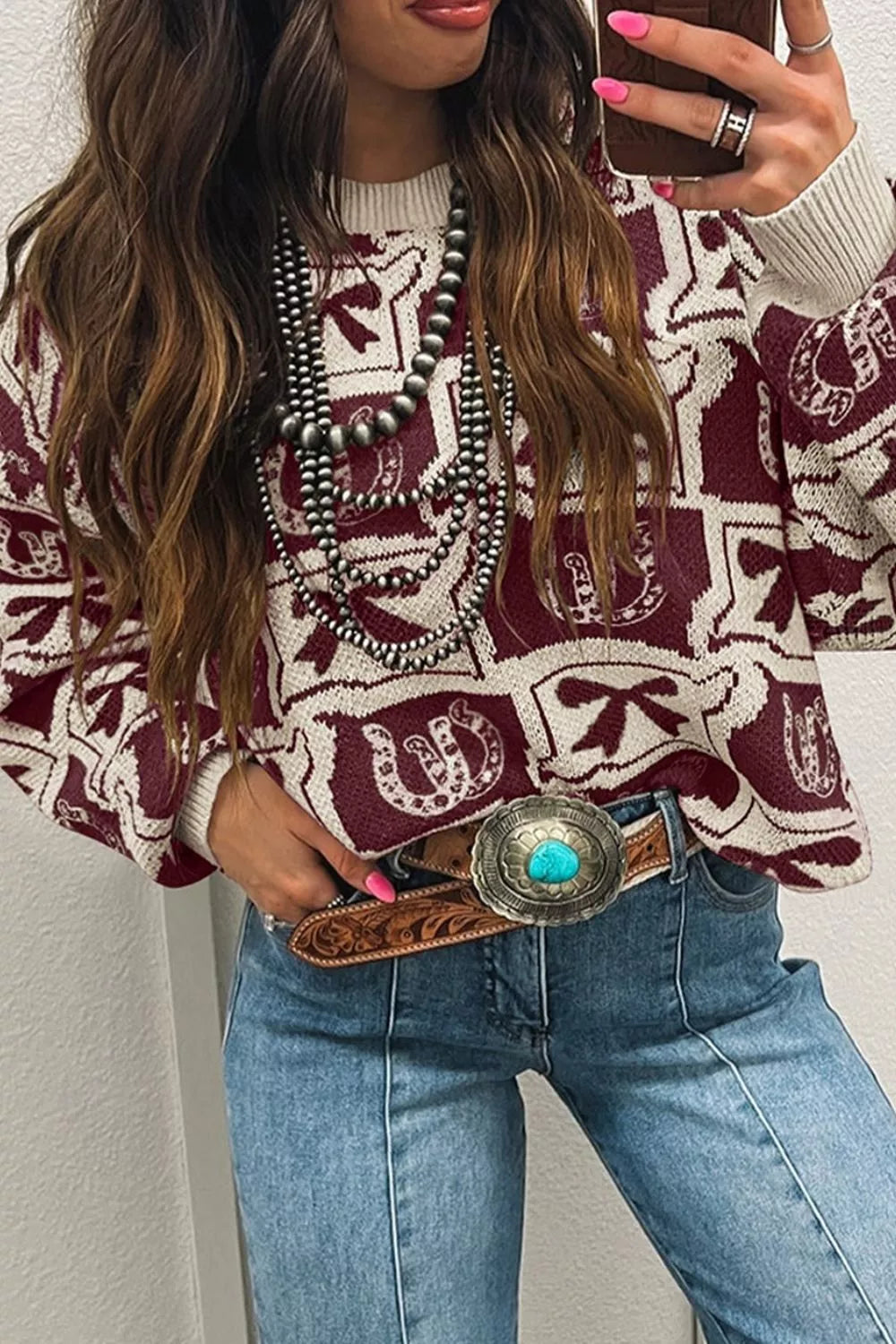 Trendsi Bows & Horseshoes Pattern Western Round Neck Sweater -