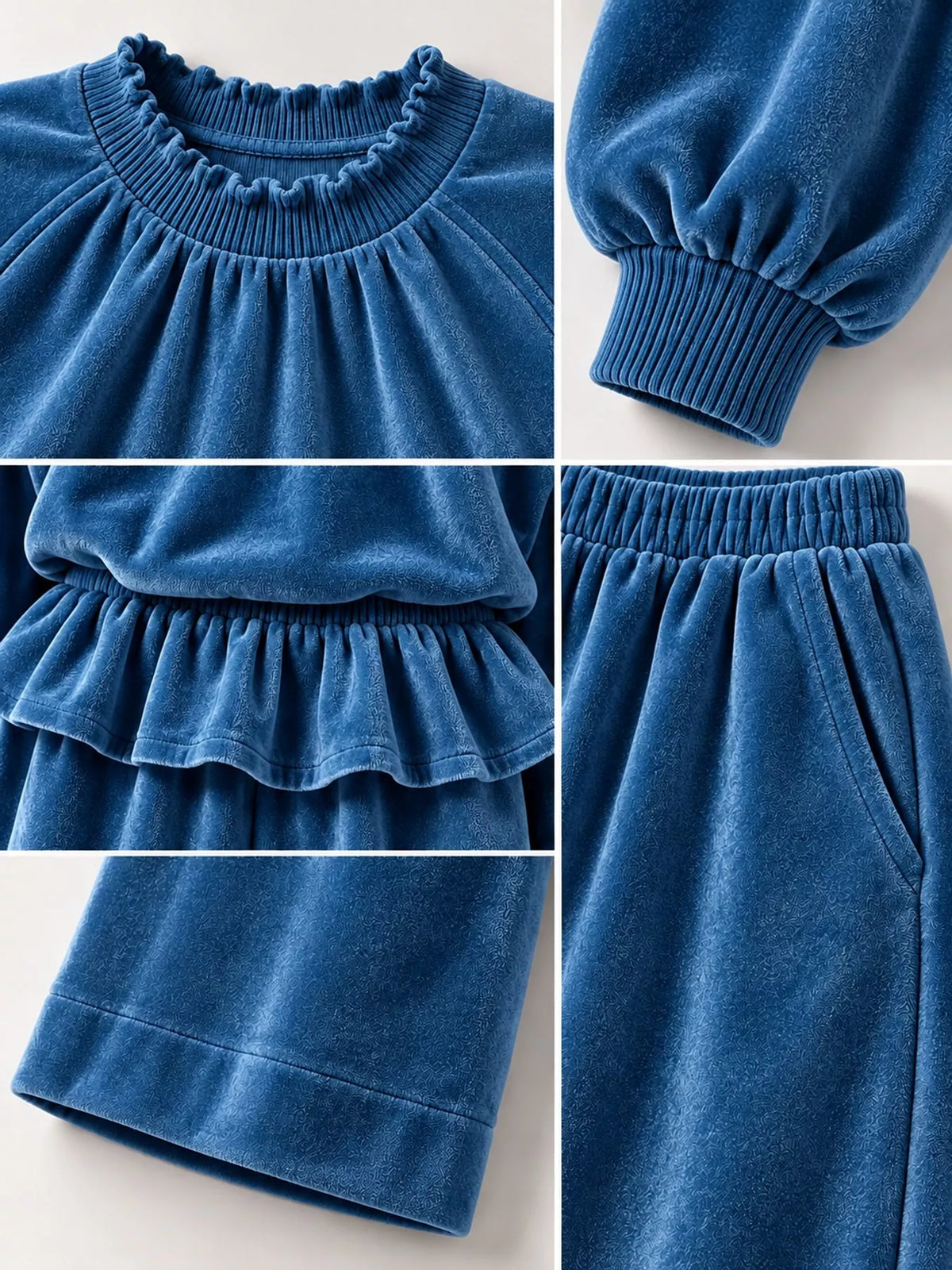 Blue velvet ruffled hem top and wide-leg pants set — design and construction details