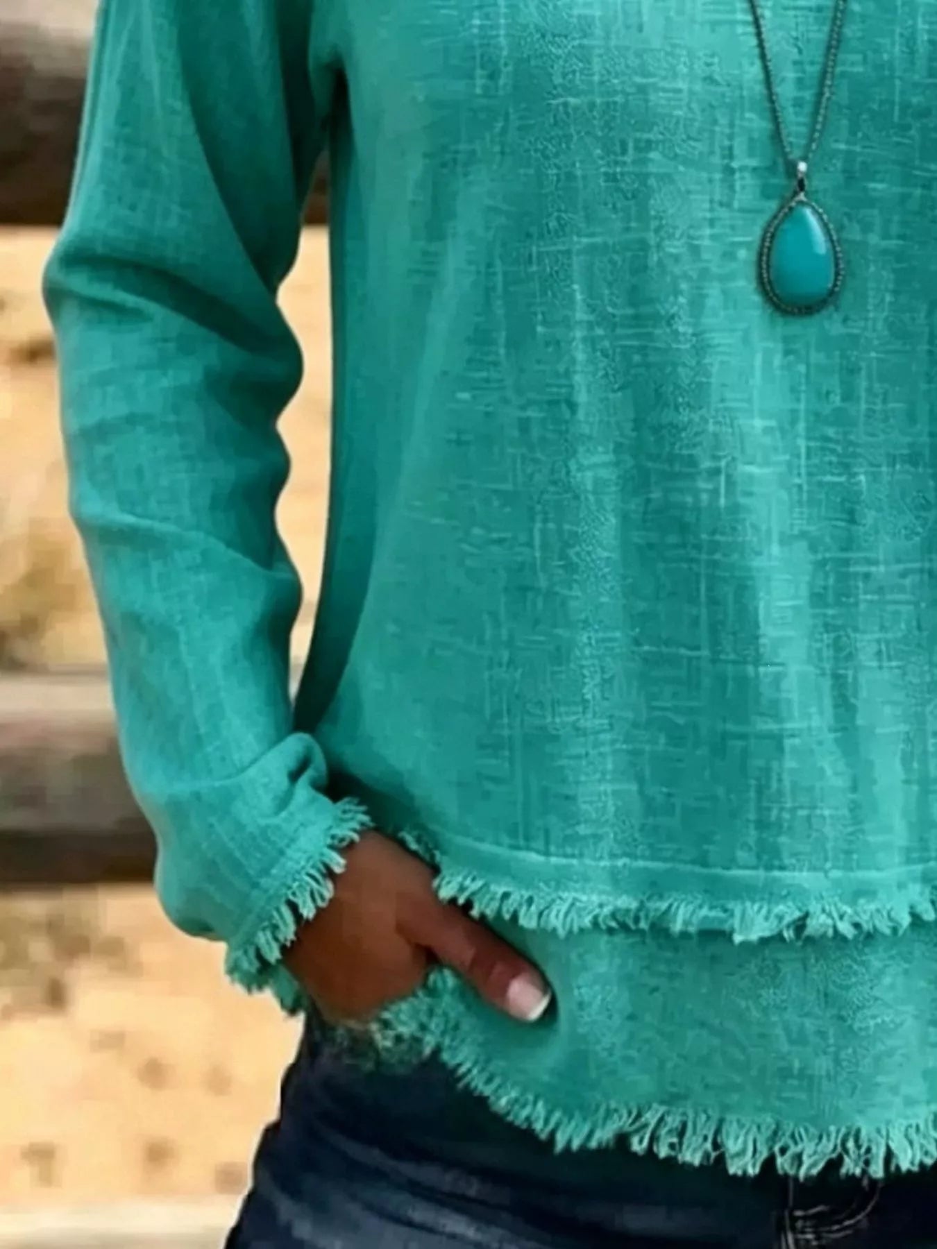 Trendsi V-Neck Long Sleeve Blouse with Frayed Hem Detail -