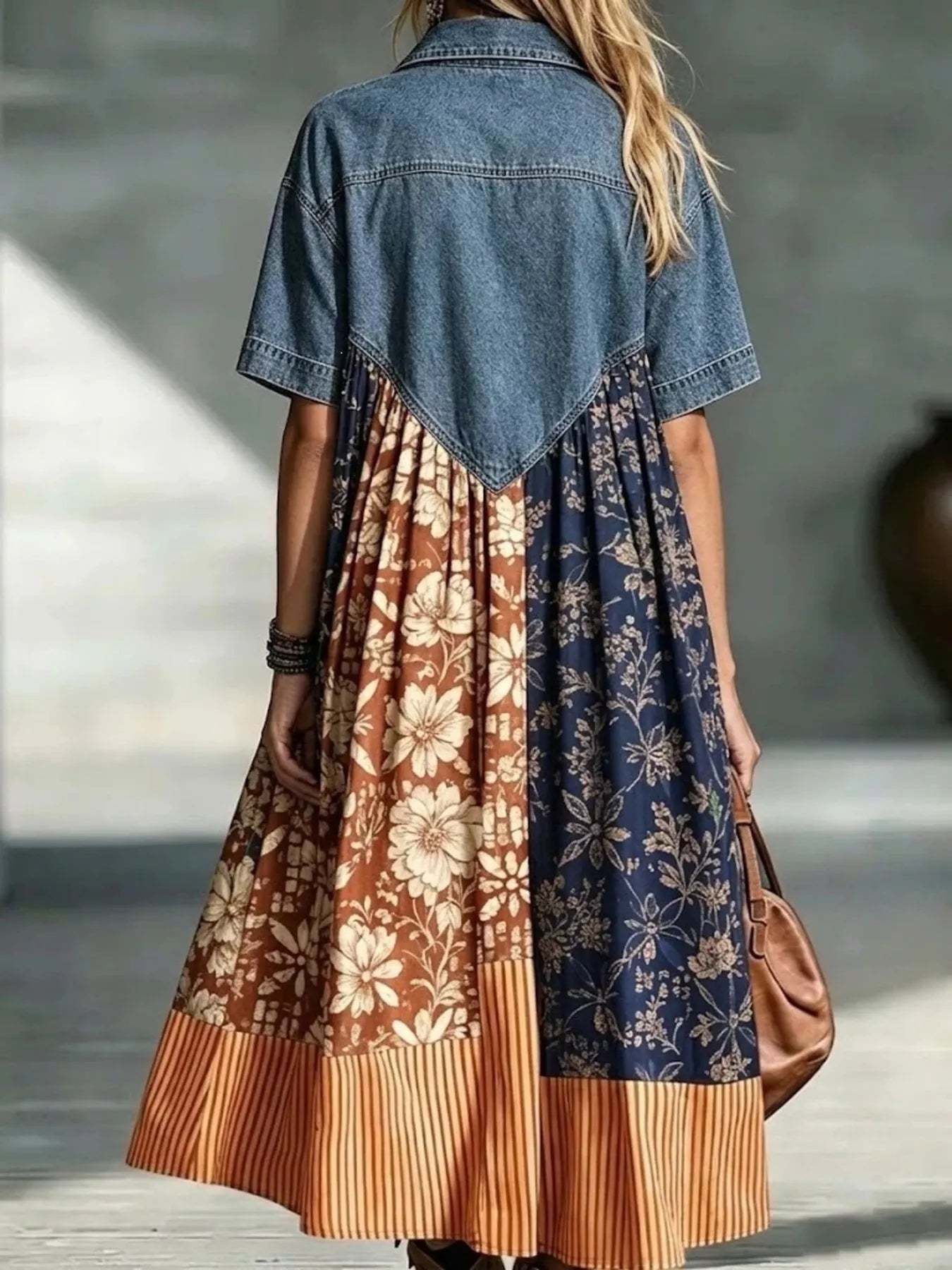 Trendsi Full Size Denim Patchwork Printed Shirt Dress Plus Size -