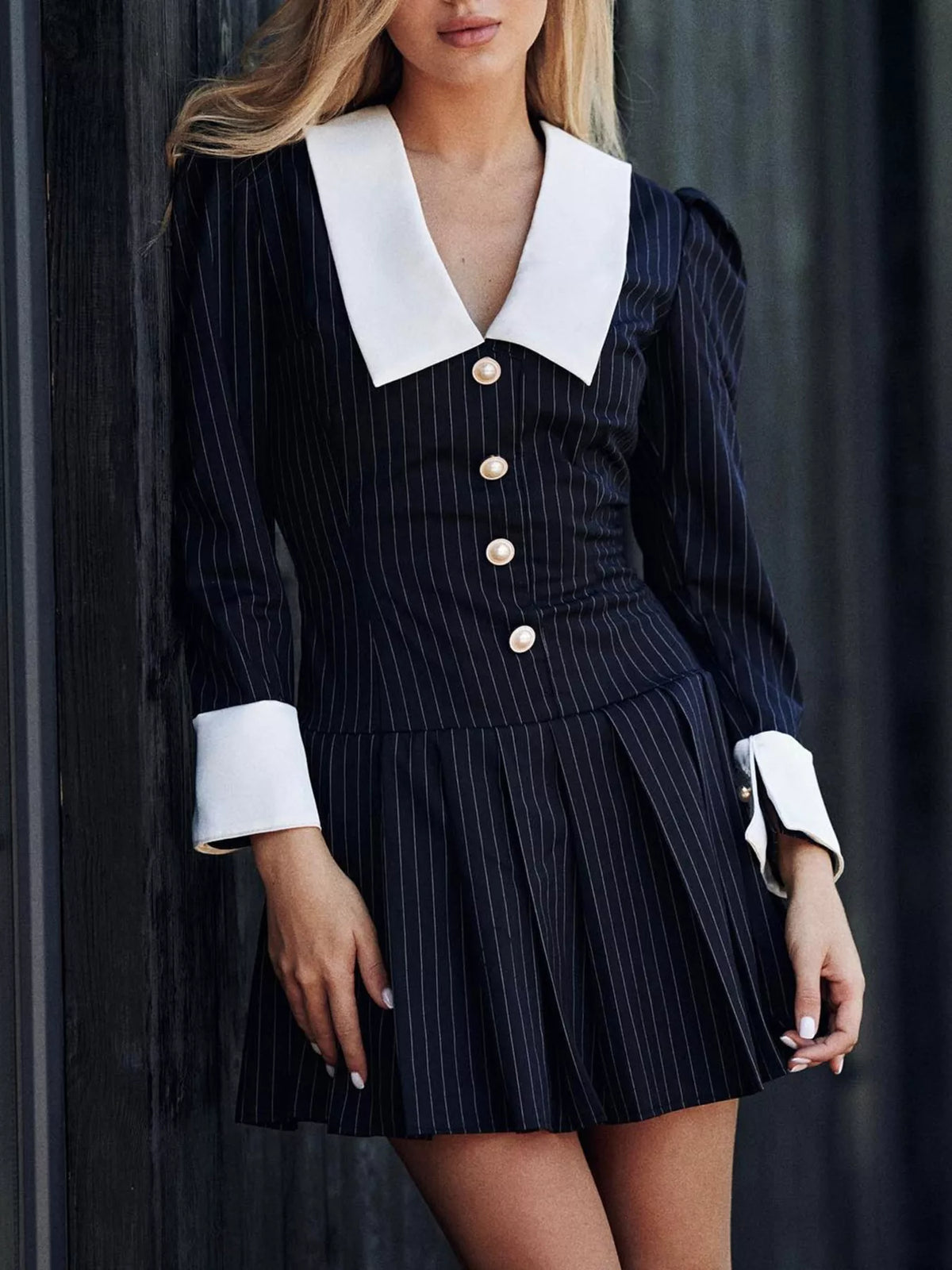 Striped long-sleeve pleated mini dress