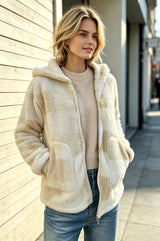 Trendsi Double Take Full Size Check Fuzzy Sherpa Hooded Zip Up Teddy Winter Coat with Pockets Plus Size -