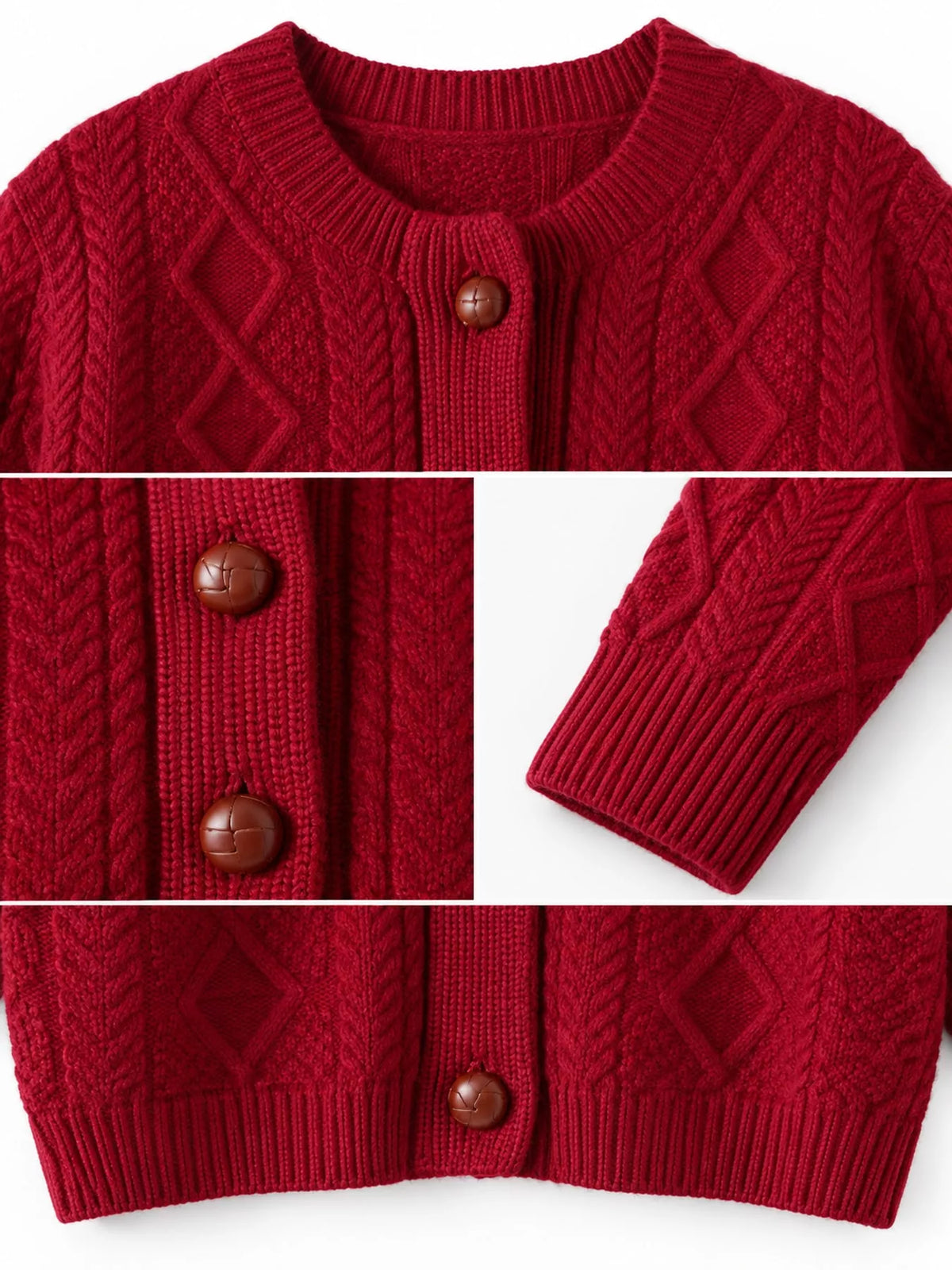 Cherry Red cable-knit button-down cardigan, detail view