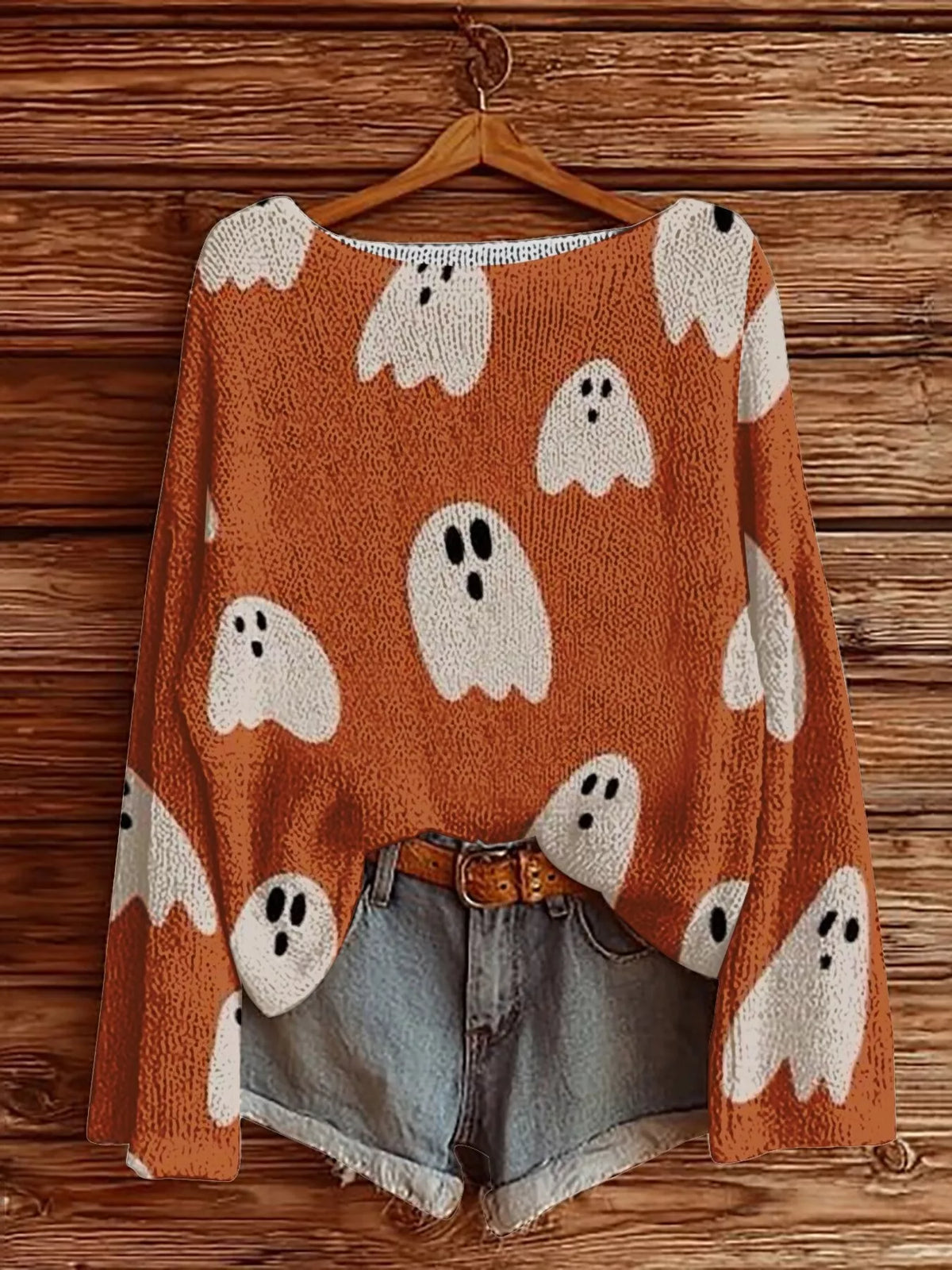 Orange halloween-graphic boat-neck sweater