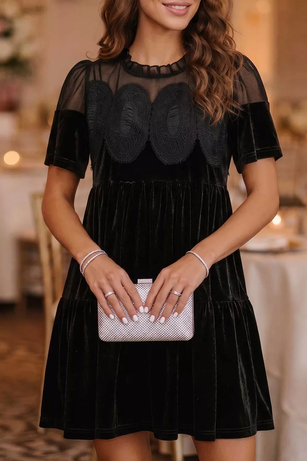 Trendsi Embroidered Velvet Short Sleeve Mini Shift Dress -