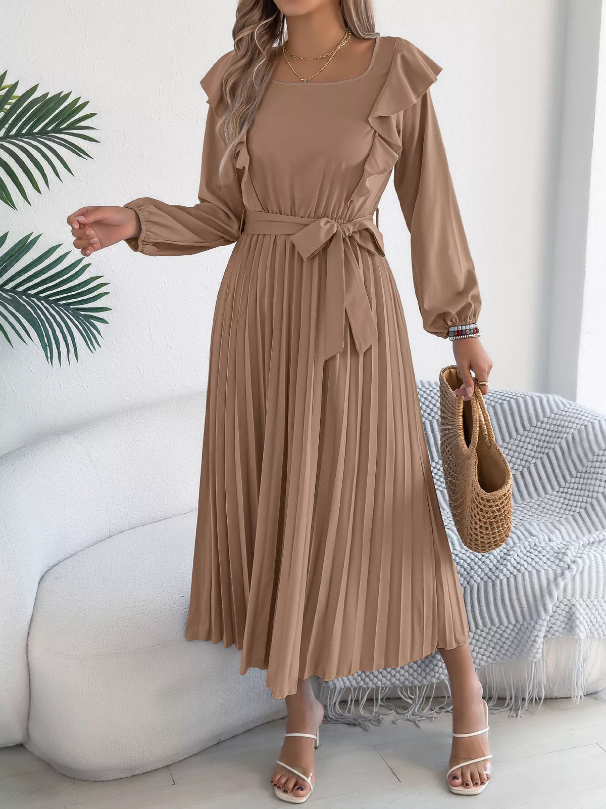 Taupe ruffled pleated tie-waist midi dress, full front view.