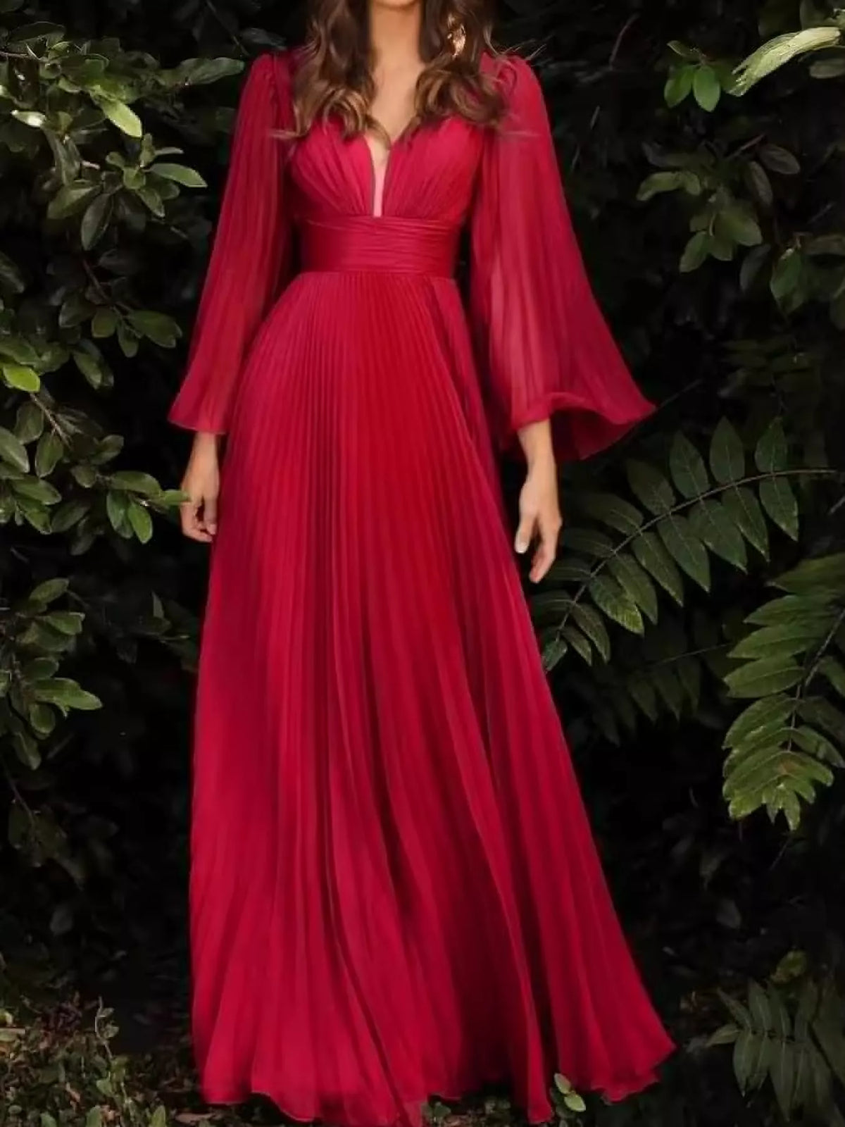 Red v-neck pleated maxi dress