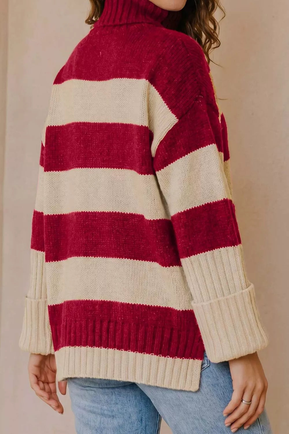 Striped High Neck Ribbed Trim Sweater in red and cream, side view