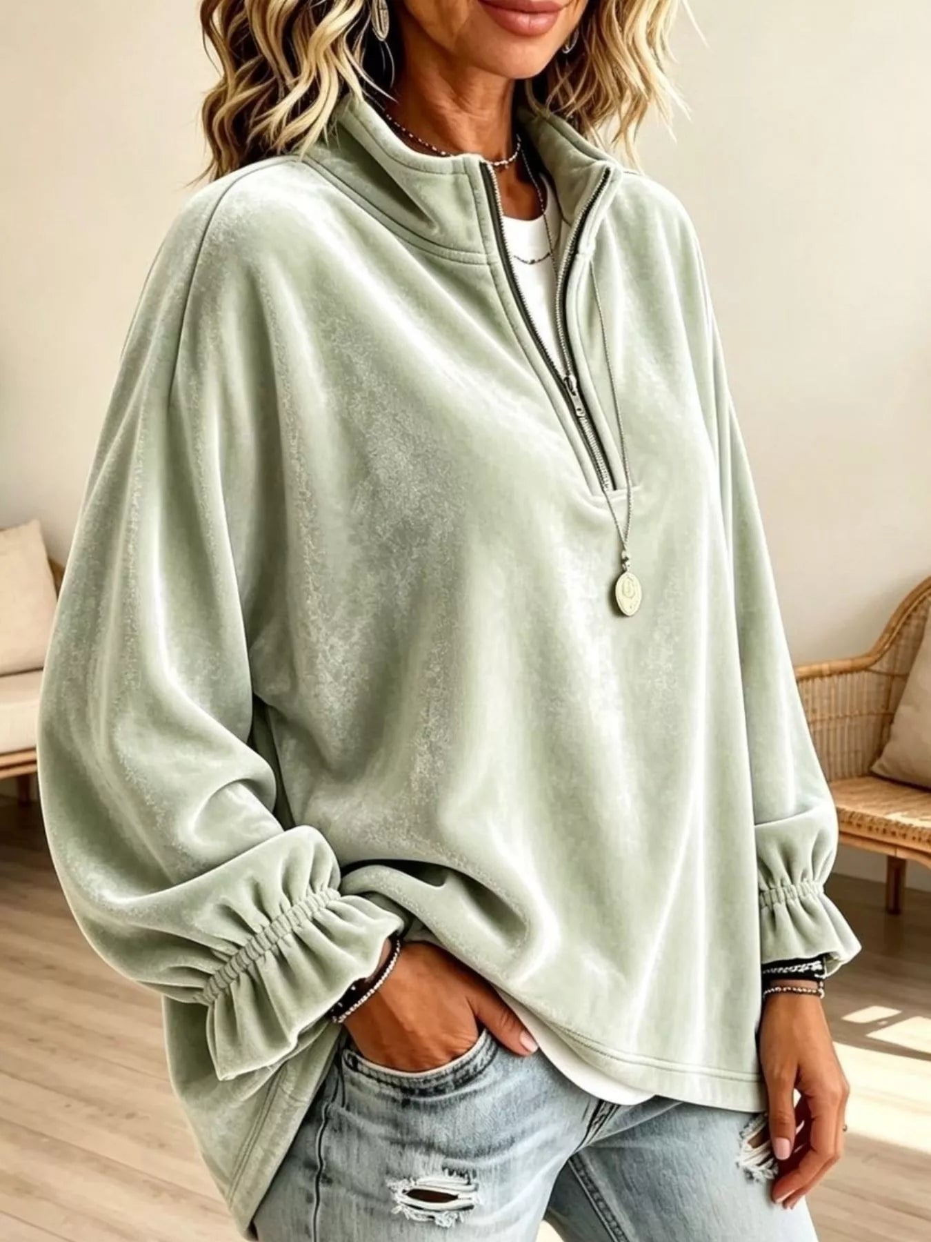 Trendsi Velvet Quarter-Zip Sweatshirt with Ruffled Cuffs -