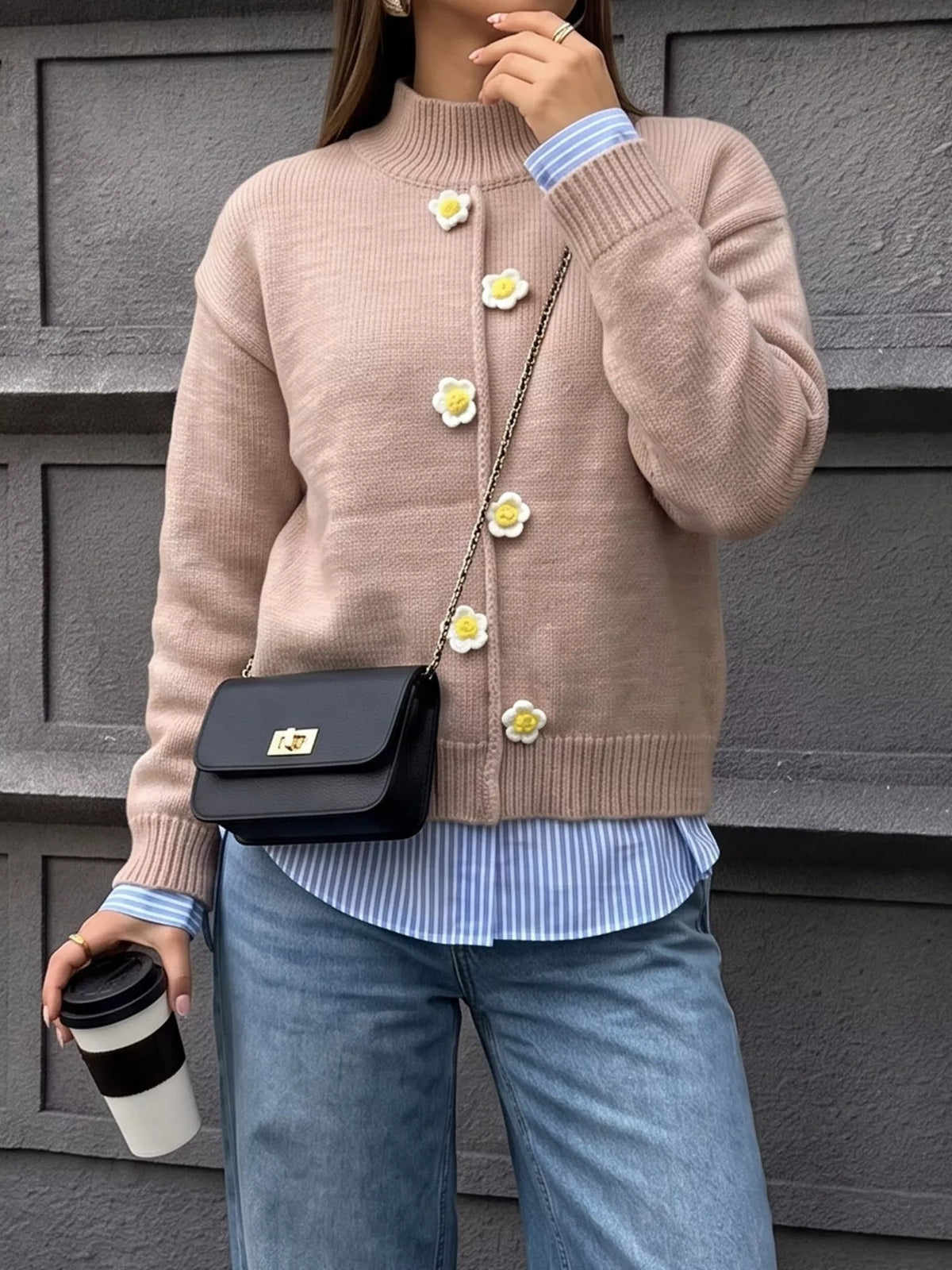 Taupe floral applique mock-neck sweater, front layered over shirt.