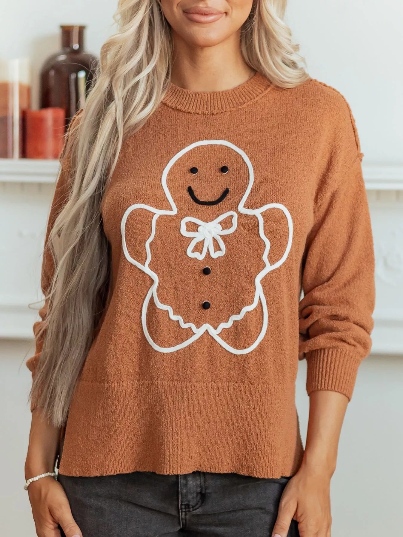 Trendsi Oversized Drop Shoulder Round Neck Christmas Sweater -