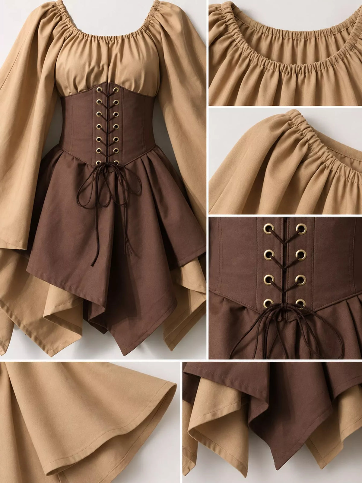 Lace-up asymmetric dress, tan brown lace up bodice detail