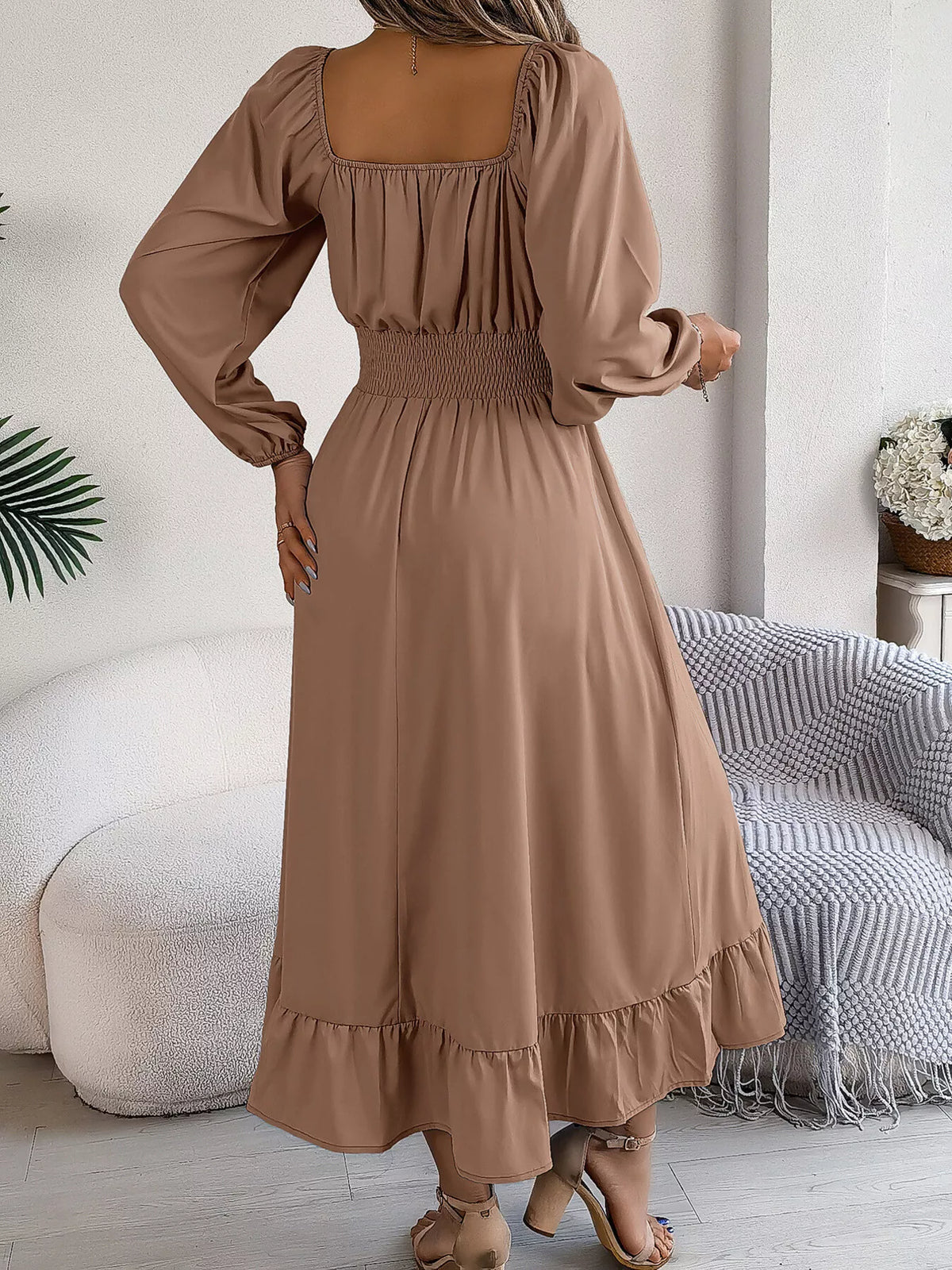 Khaki Color square neck smocked waist long sleeve midi dress