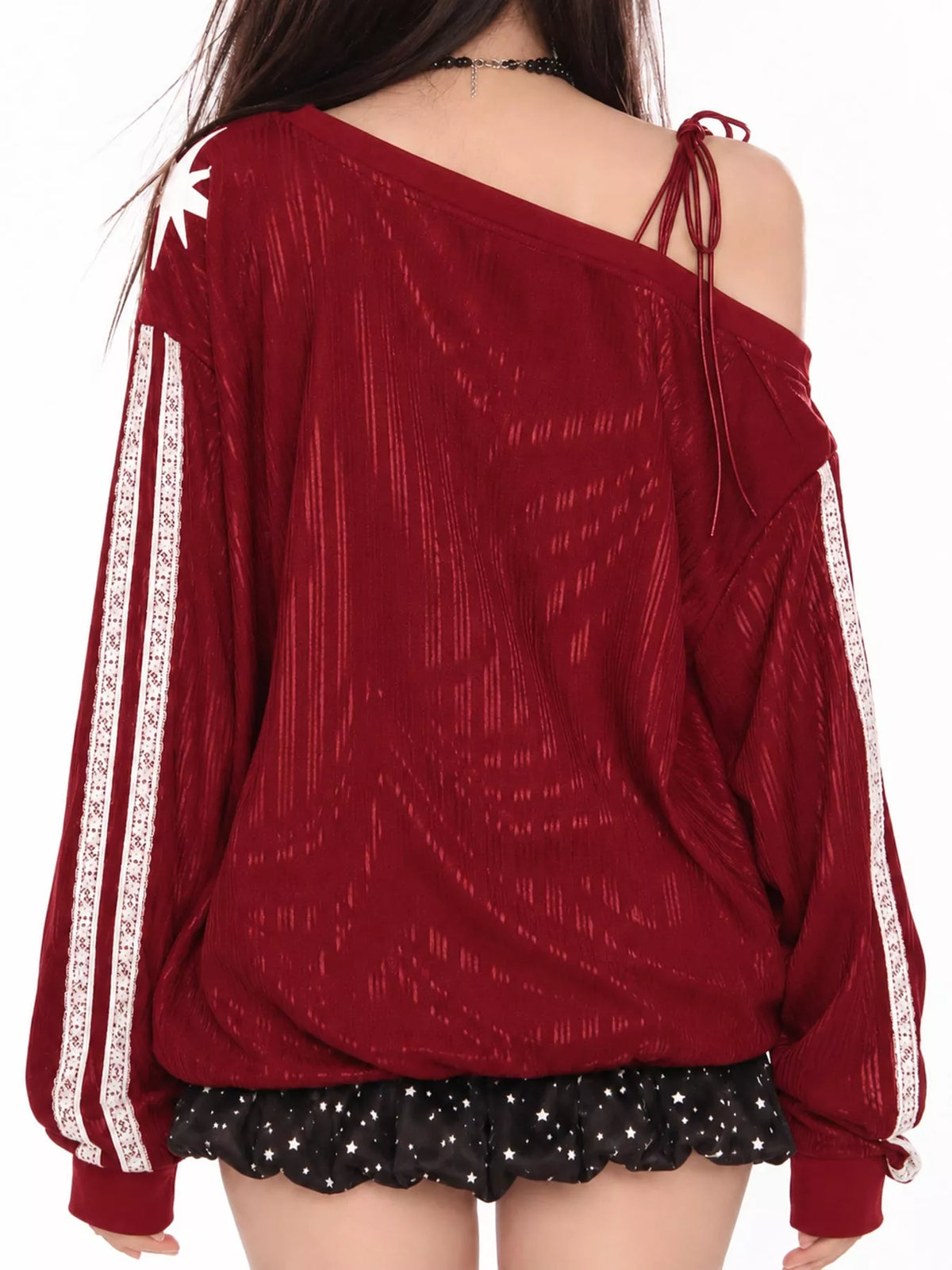 Red one shoulder graphic sweatshirt, back view