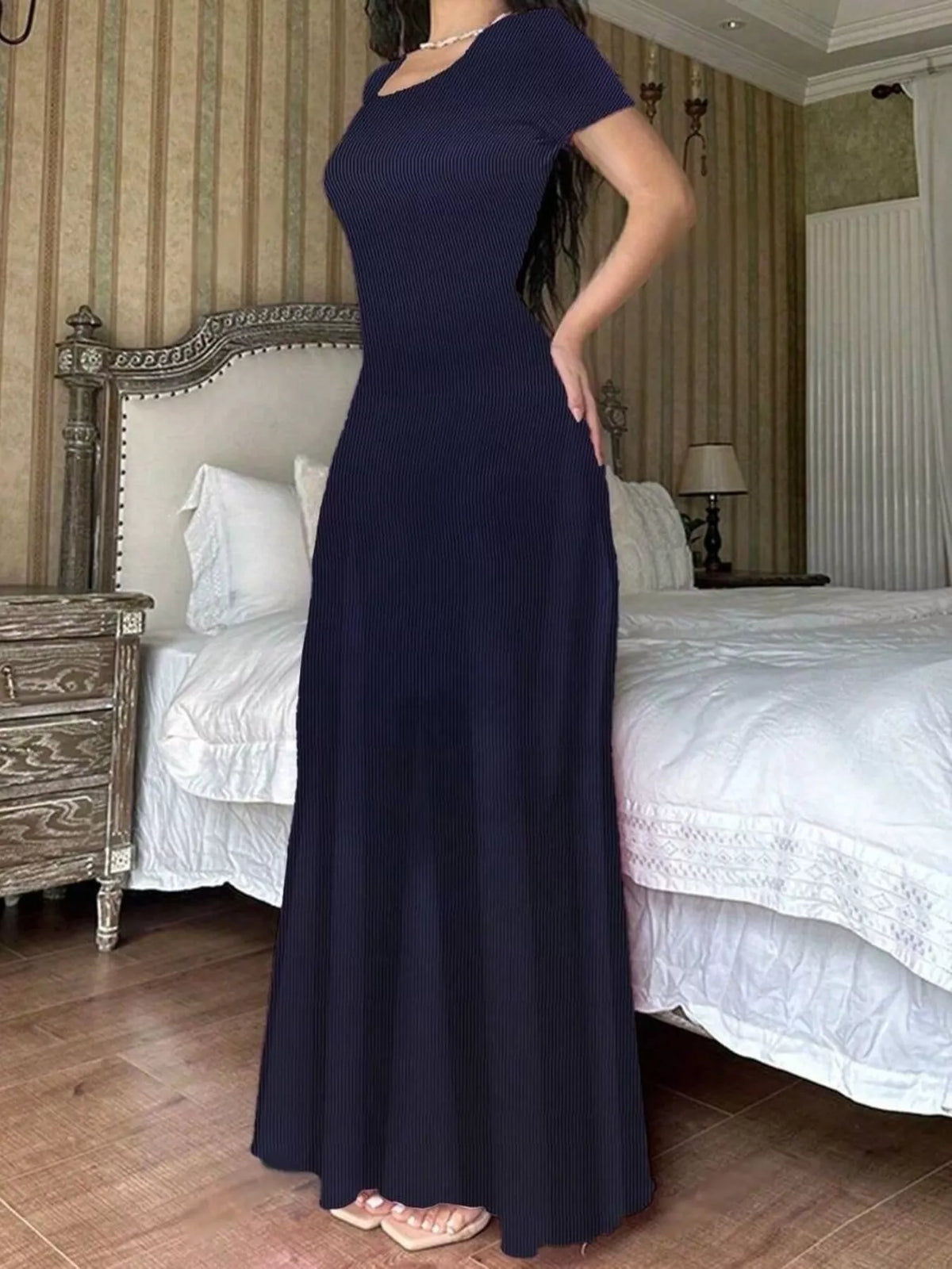 Short-Sleeve Tie-Back Maxi Dress in navy, front view