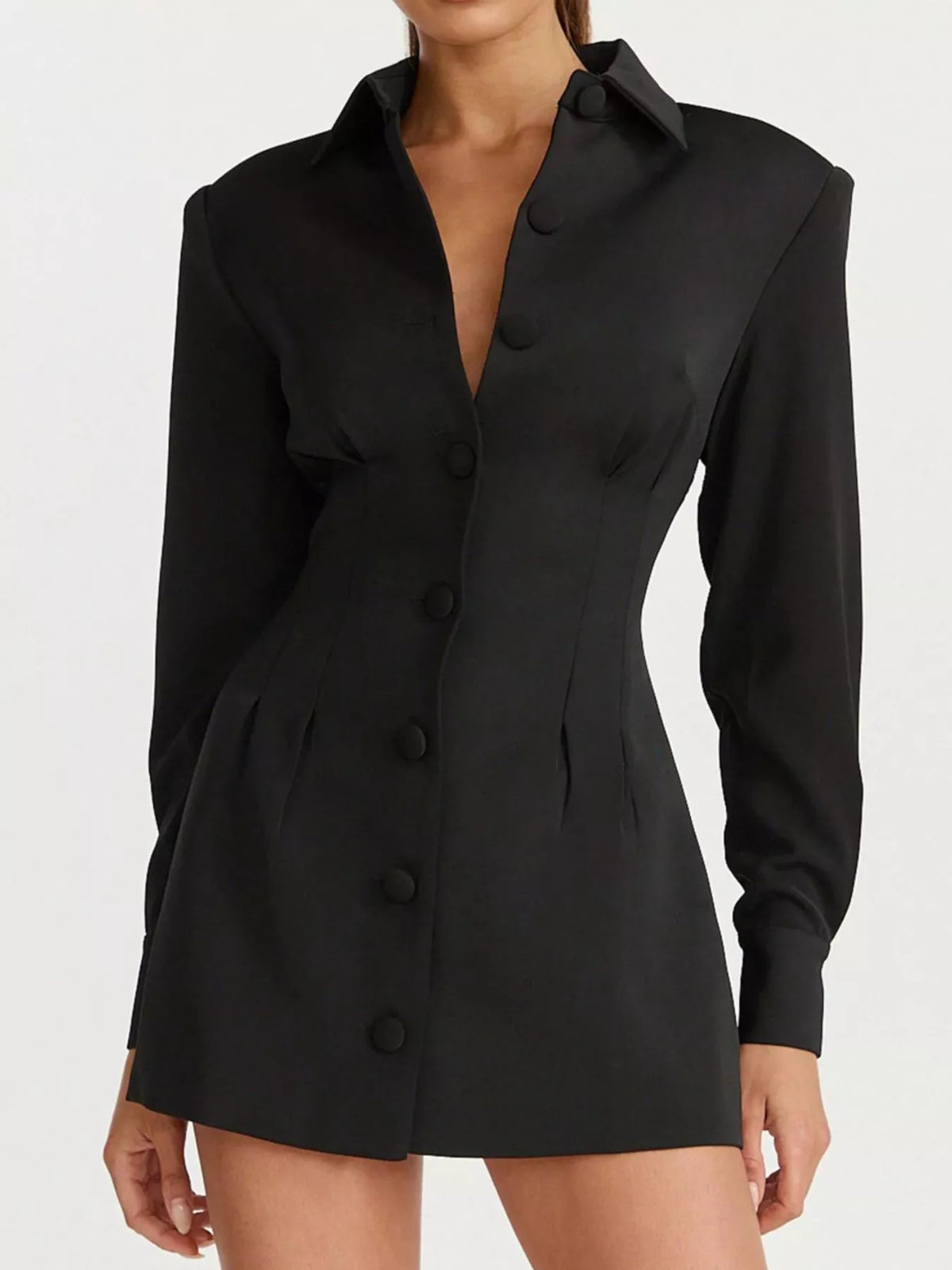 Corset-style mini blazer dress — black open collar front view.