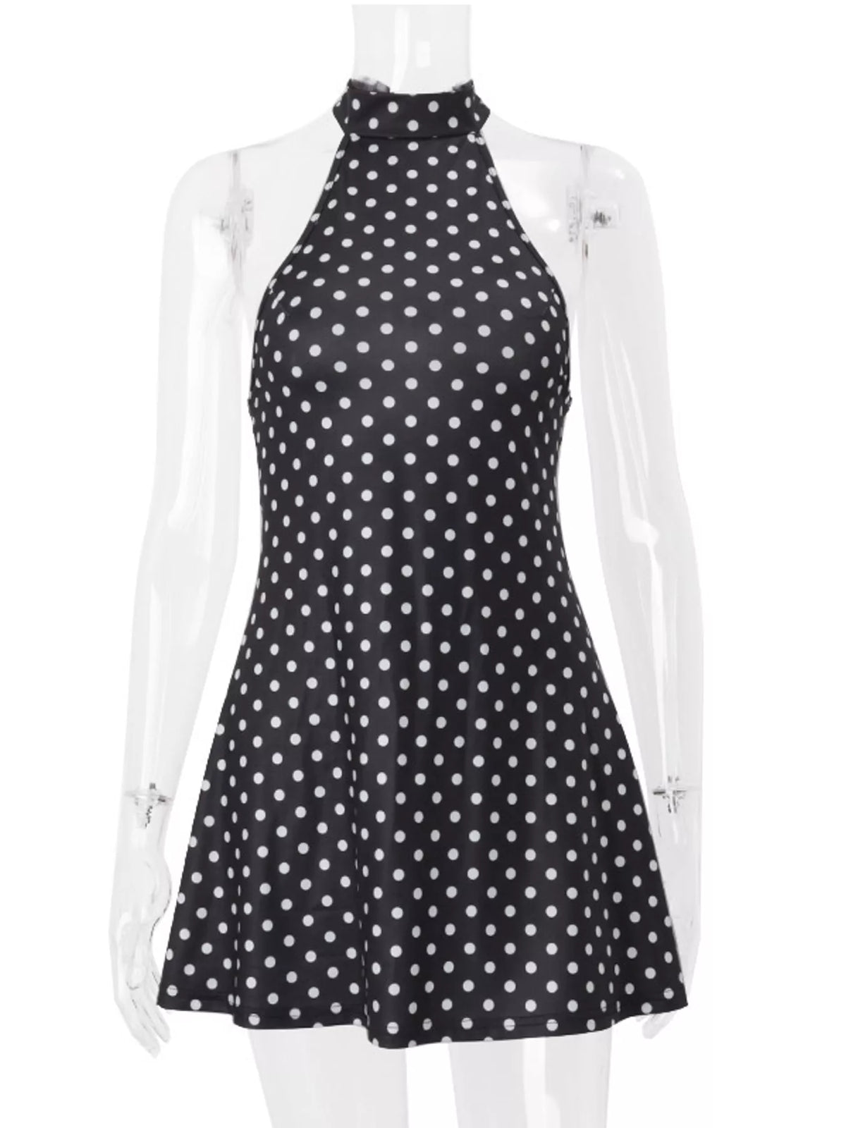 Black and white polka dot halter neck mini dress, front view