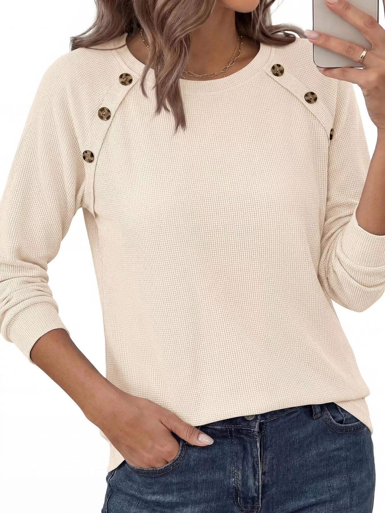 Trendsi Decorative Button Waffle Knit Long Sleeve T-Shirt -