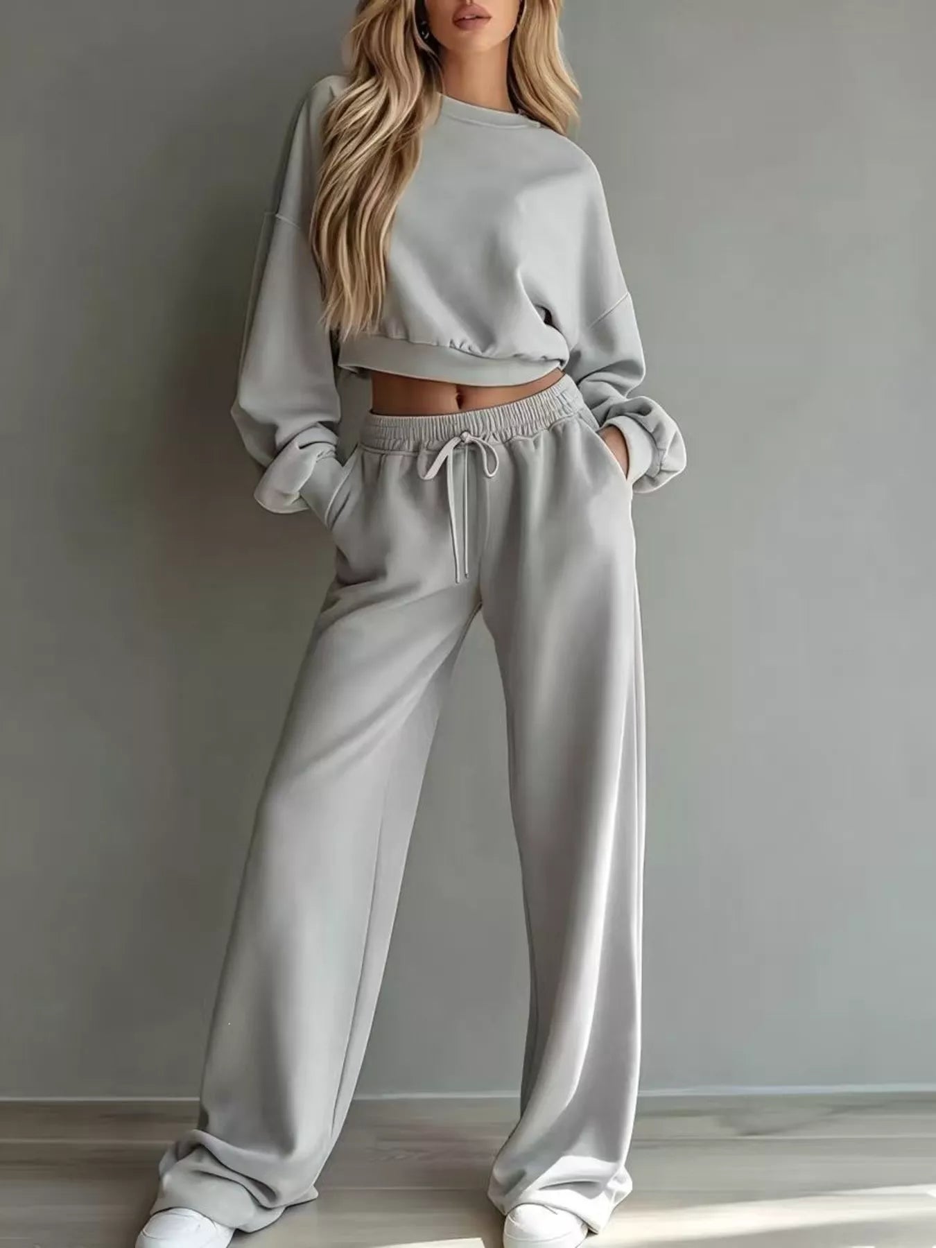 Trendsi Round Neck Cropped Sweatshirt and Wide-Leg Pants Set -