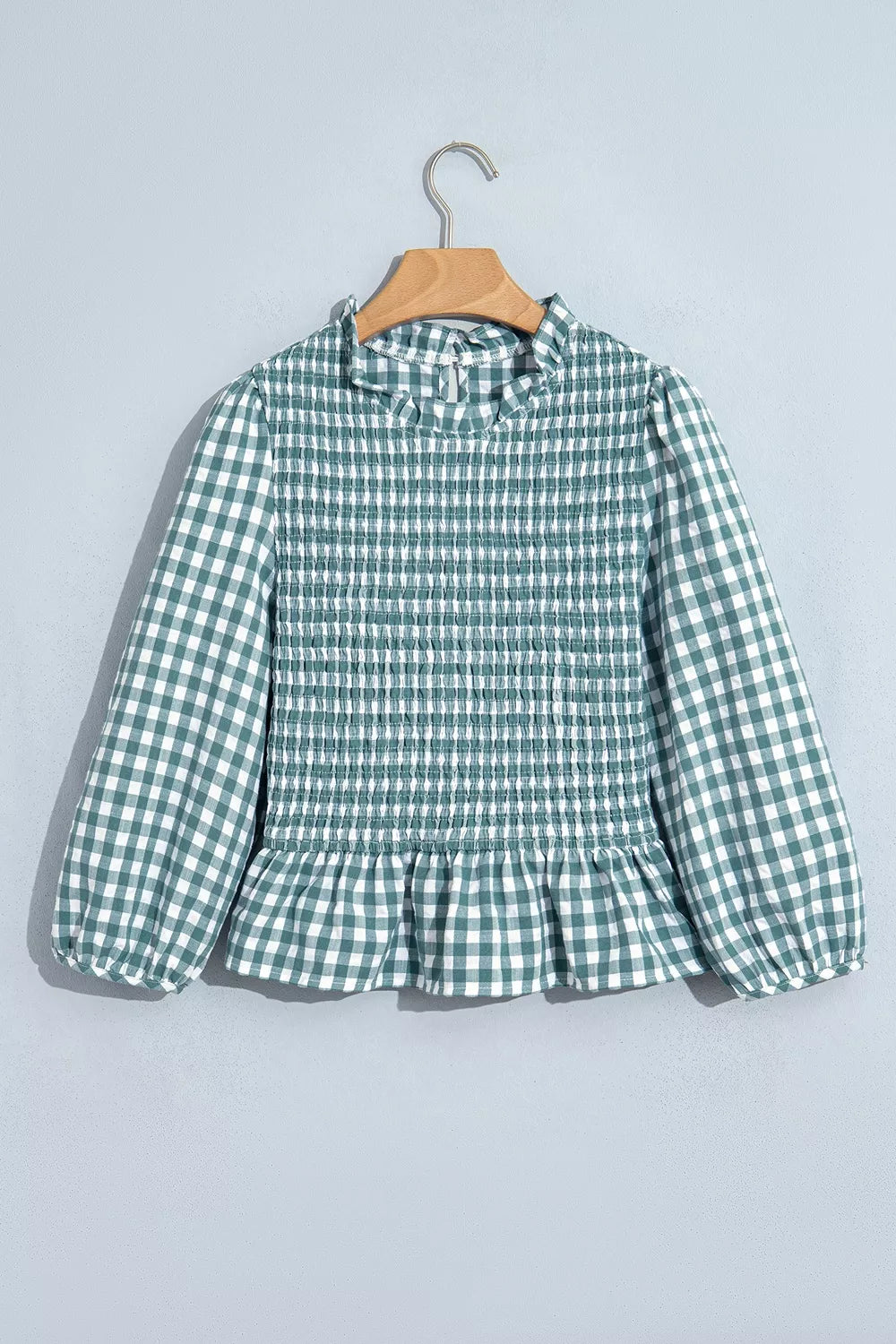 Trendsi 3/4 Sleeve Shirred Plaid Peplum Top -