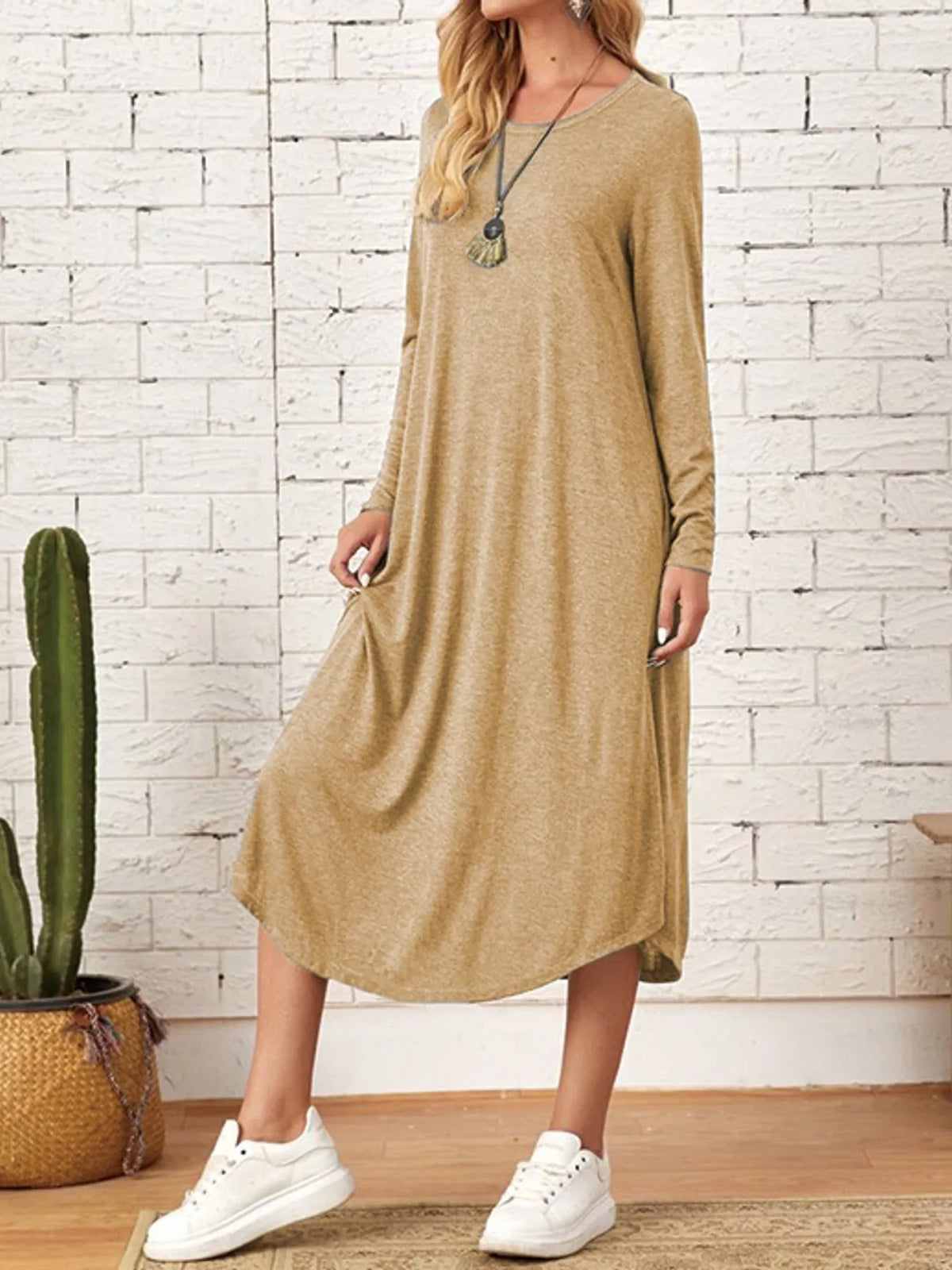 Round neck long sleeve midi dress, side view