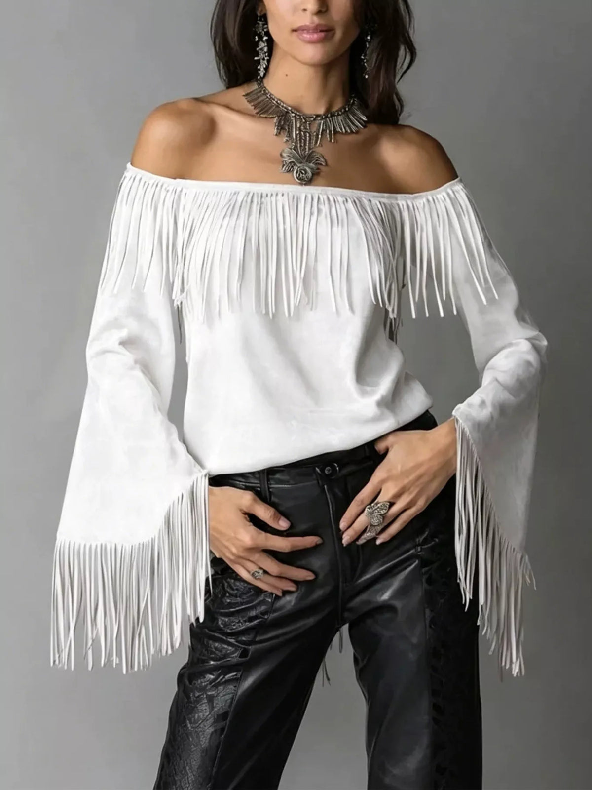 Fringed Off-Shoulder T-Shirt in white, front view