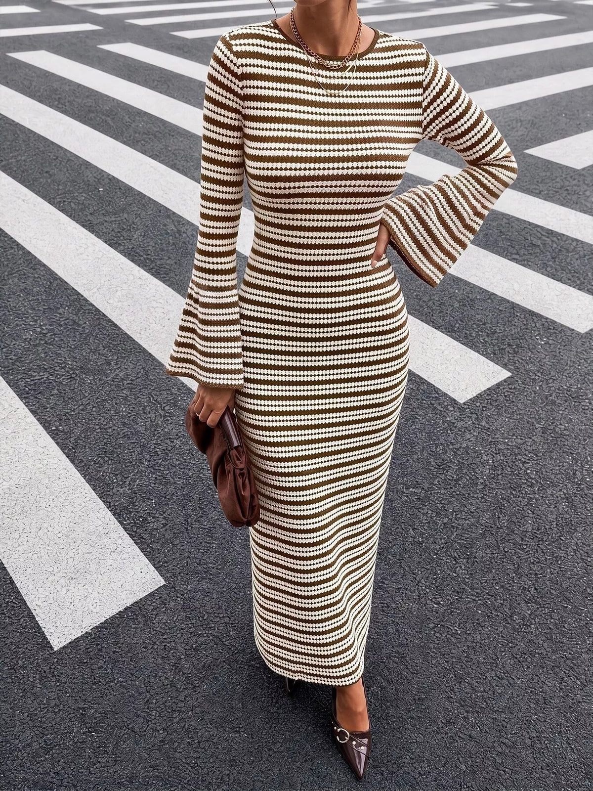 Brown and white striped flare sleeve knit dress, full-length front