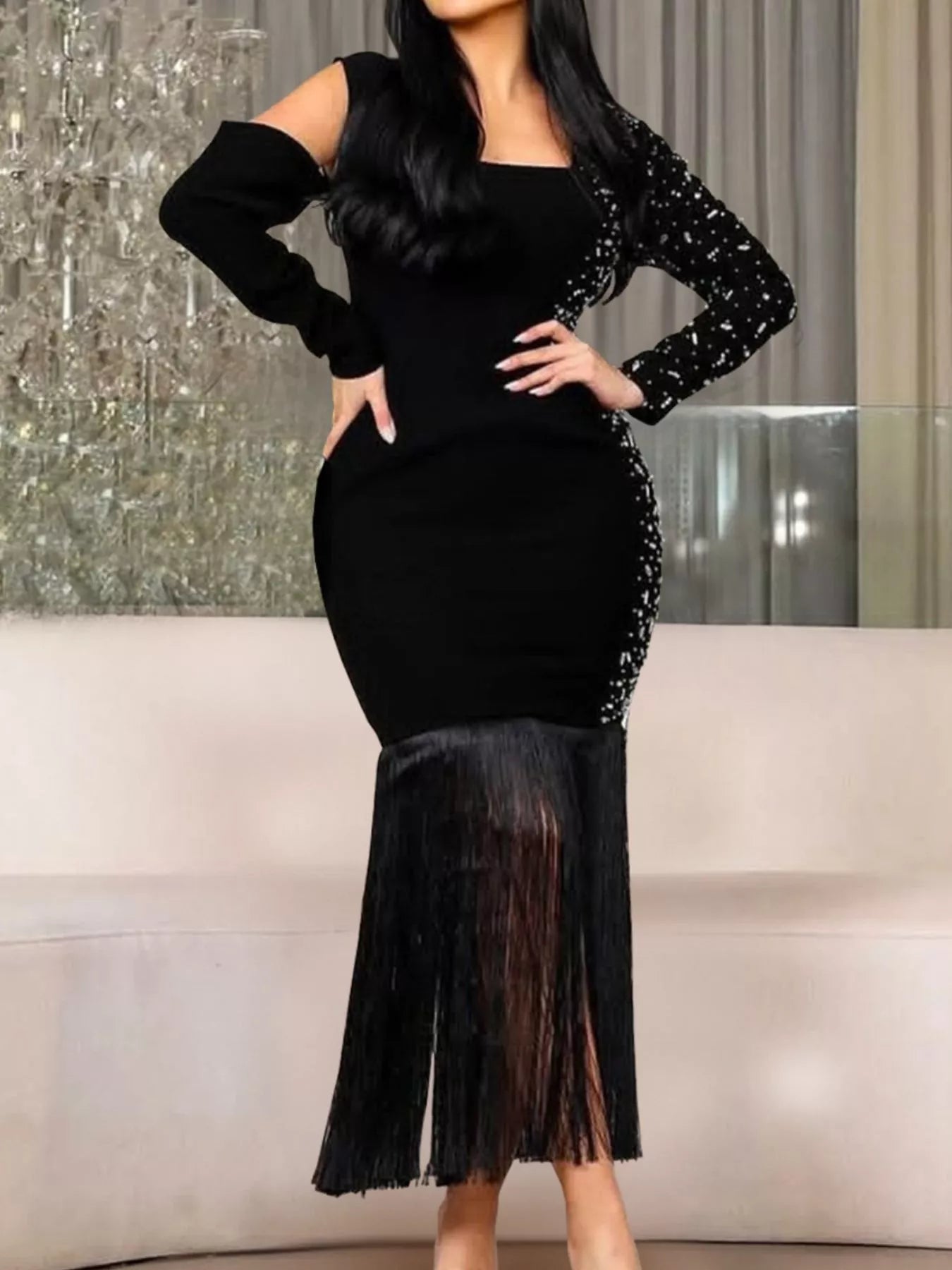 Trendsi Asymmetrical Rhinestone Fringe Dress -