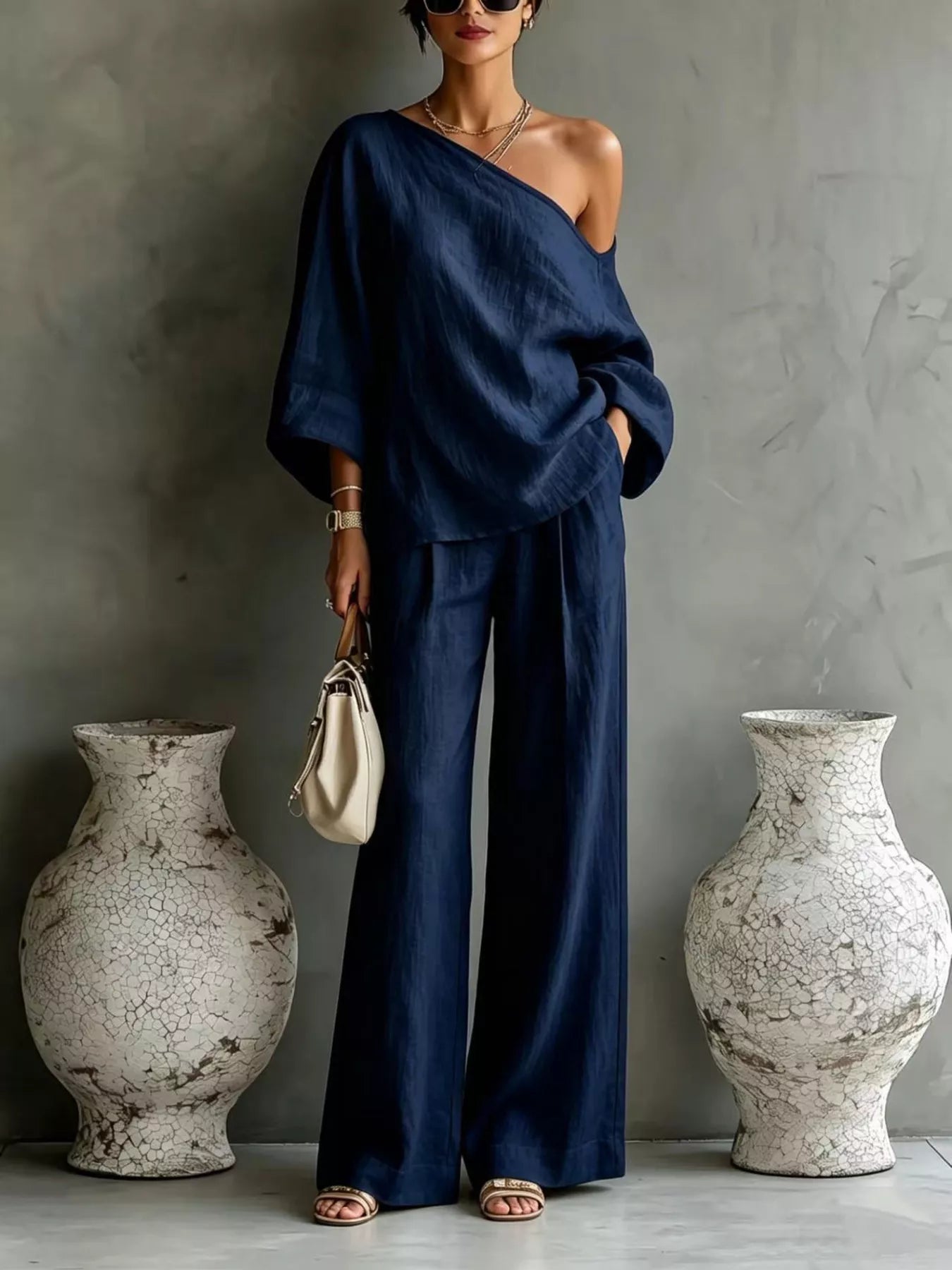 Trendsi One Shoulder Top and Wide Leg Pants Set -