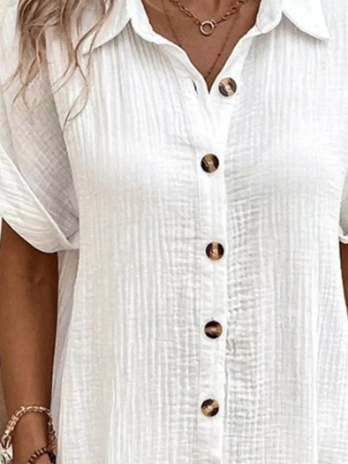 White textured button-front shirt dress with pockets, button placket detail