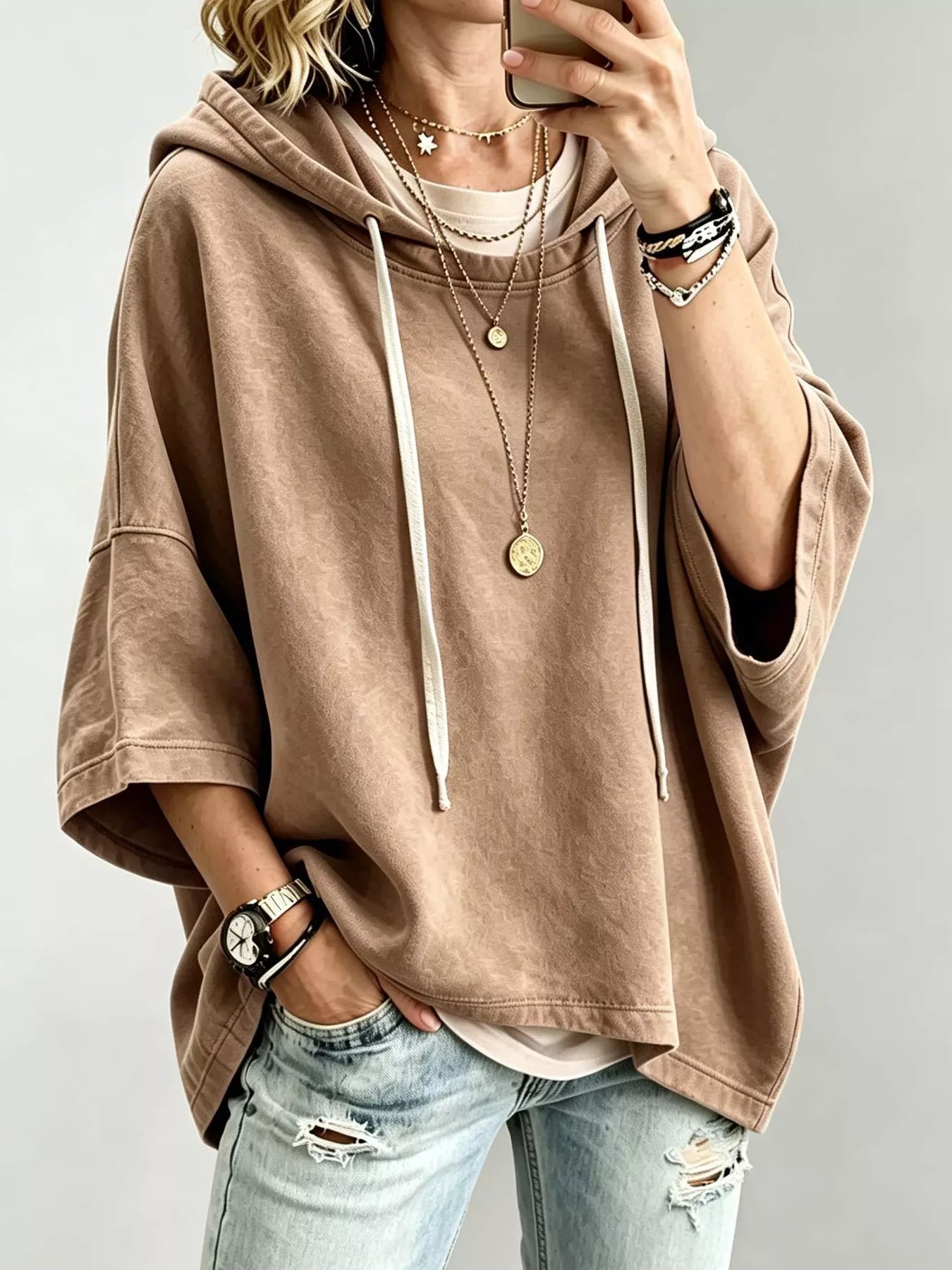 Trendsi Drawstring 3/4 Sleeve Hoodie -