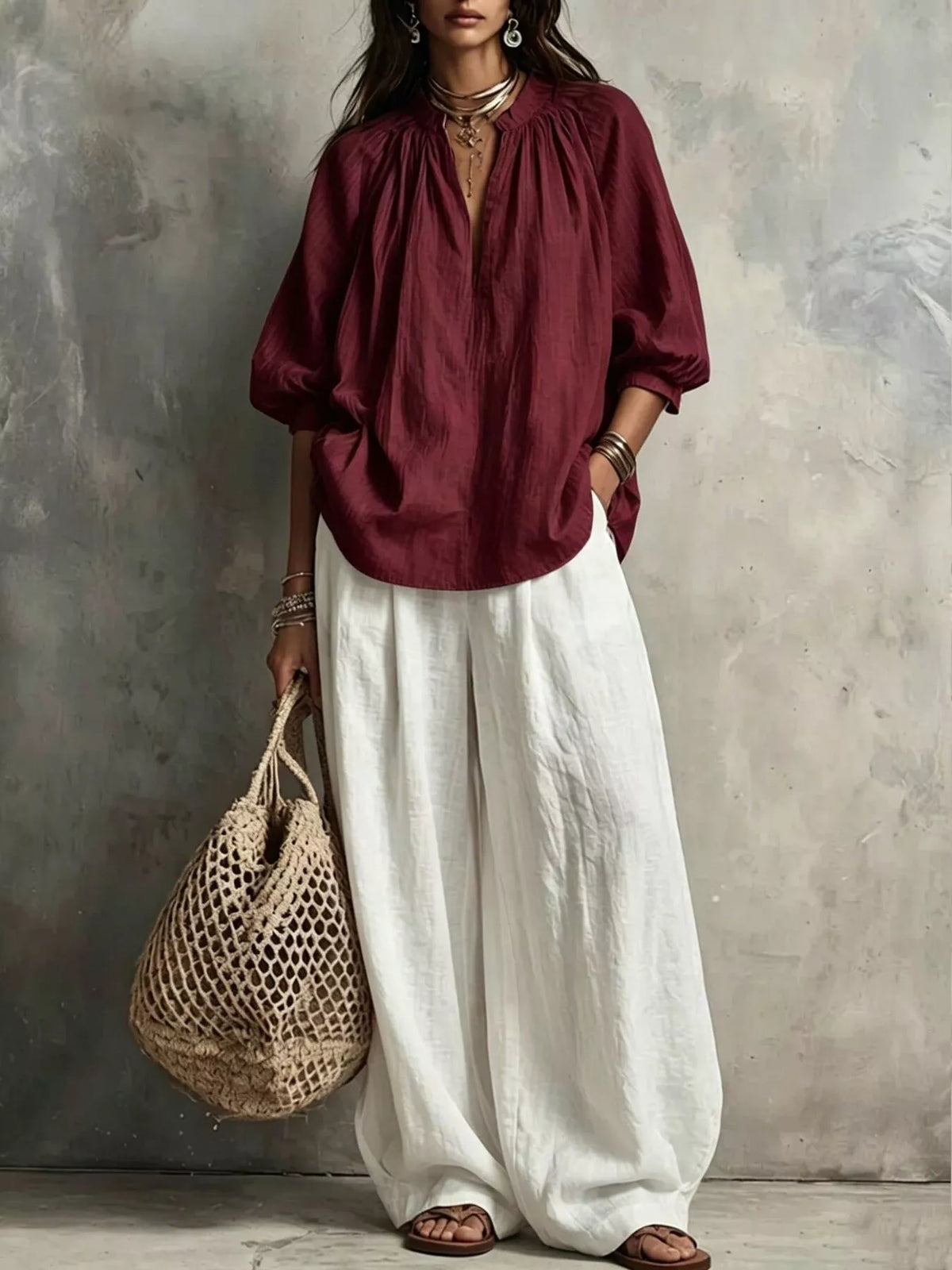 Burgundy Notched Long Sleeve Blouse & Wide-Leg Pants Set front view