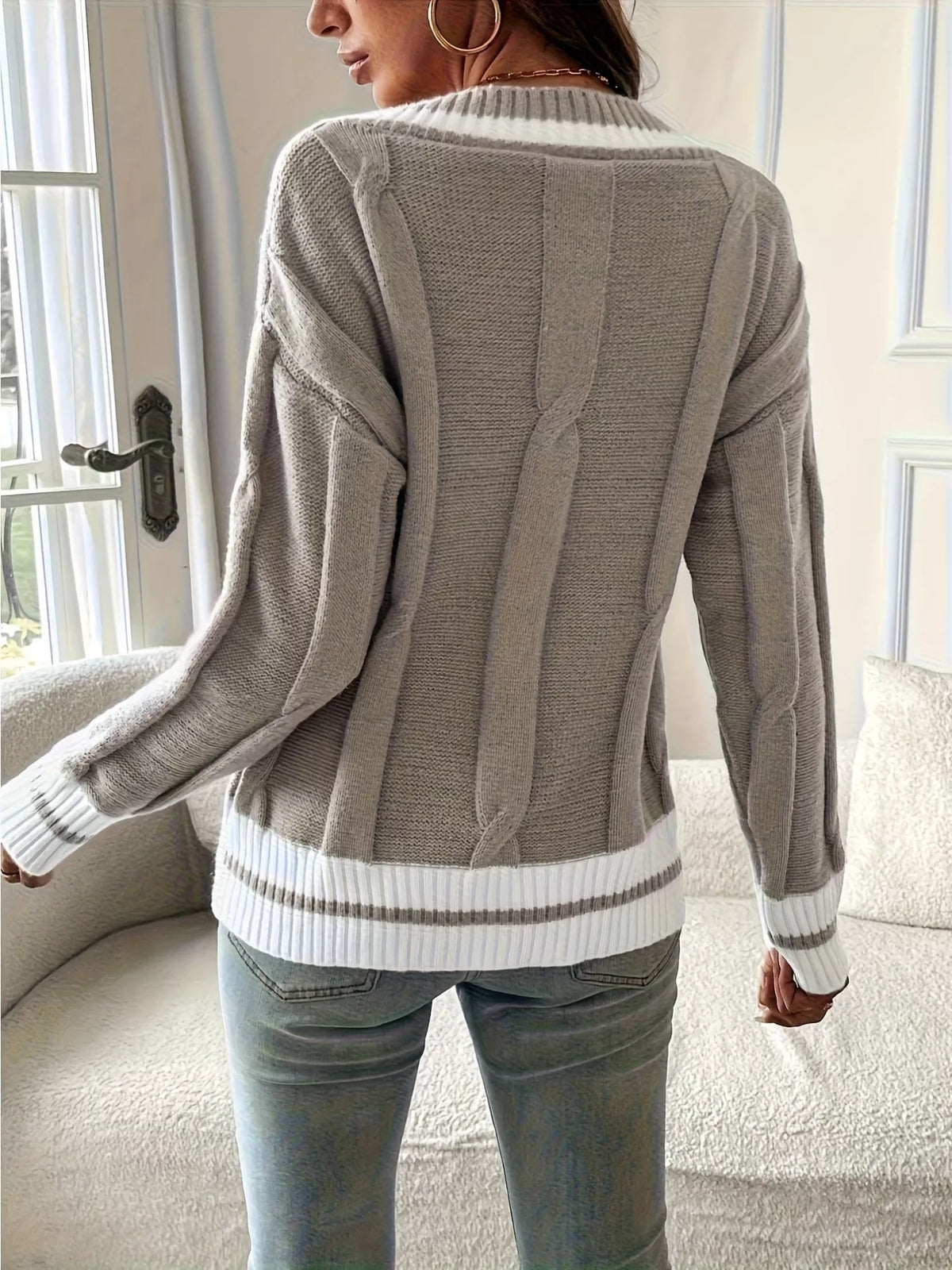 Gray v-neck contrast trim sweater, back view