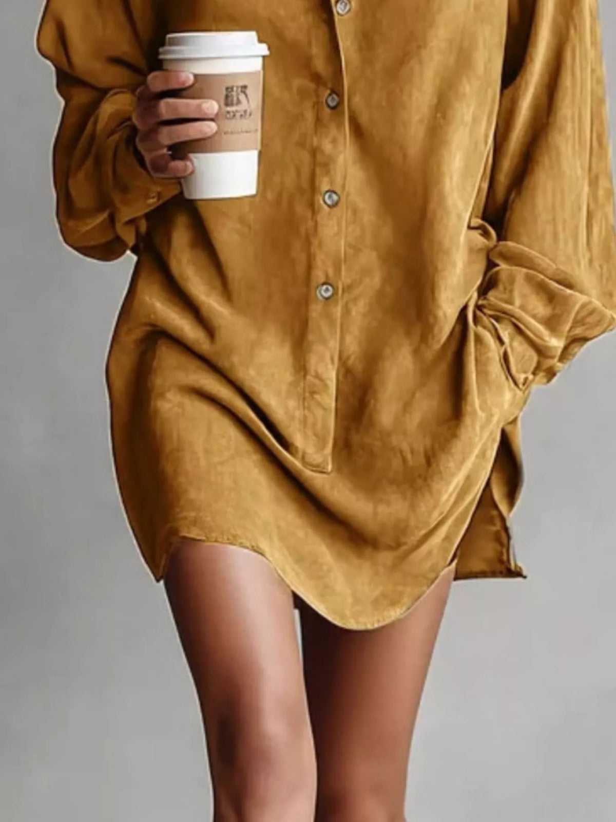 Mustard contrast-collar mini shirt dress, button placket detail.