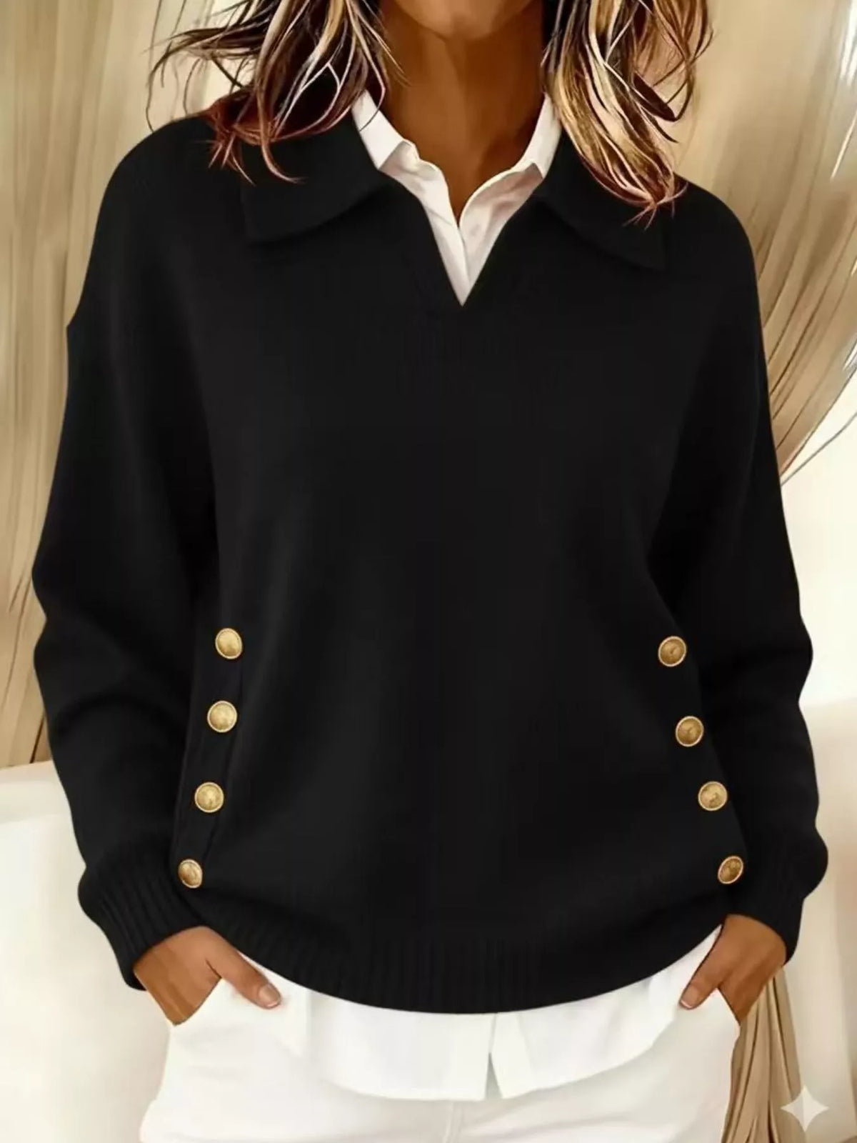Women's Decorative Button Dropped Shoulder Sweater in Black, front view