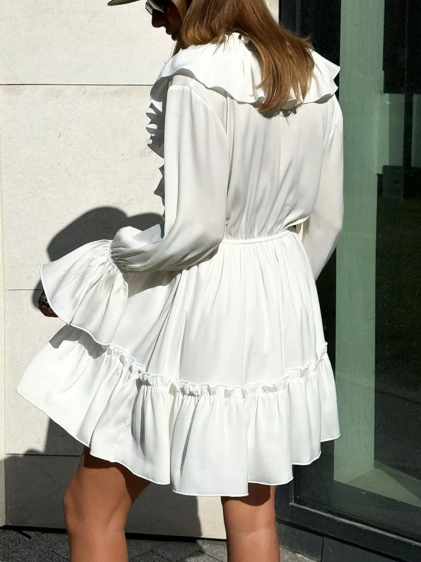 Trendsi Ruffled V-Neck Long Sleeve Mini Dress -