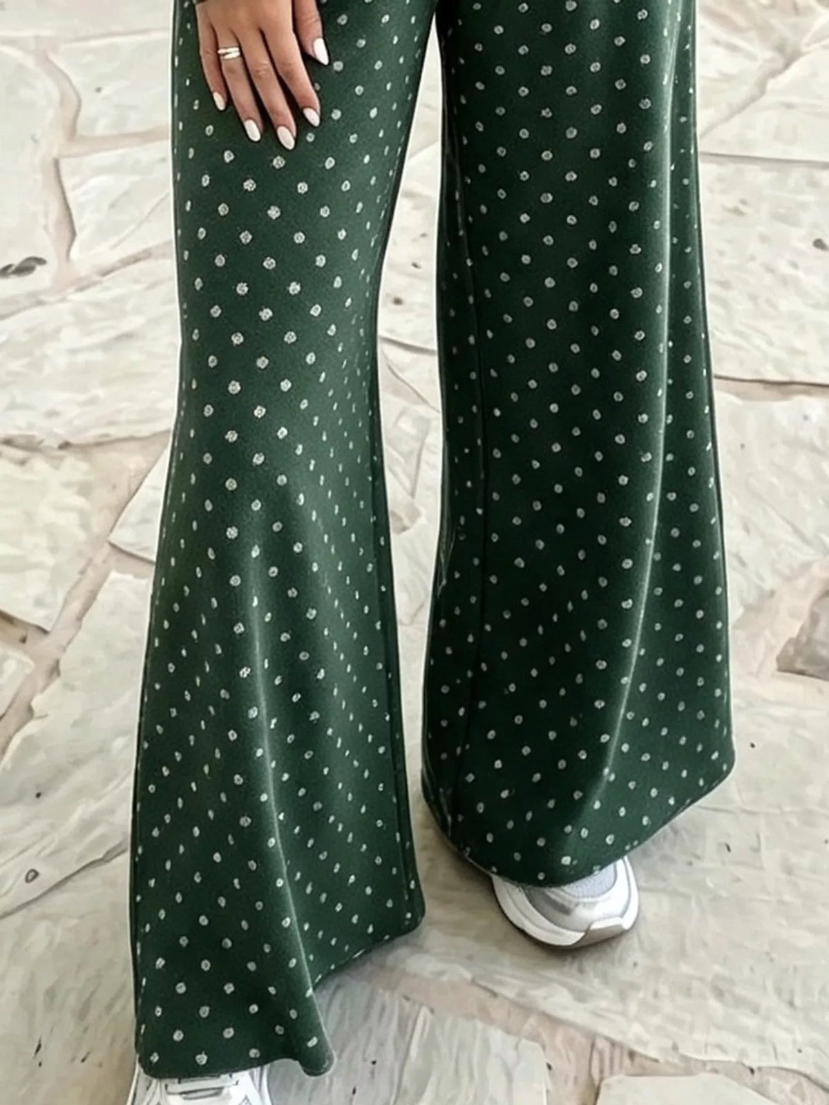 Dark green swiss dot crop top and wide-leg pants set — design and construction details