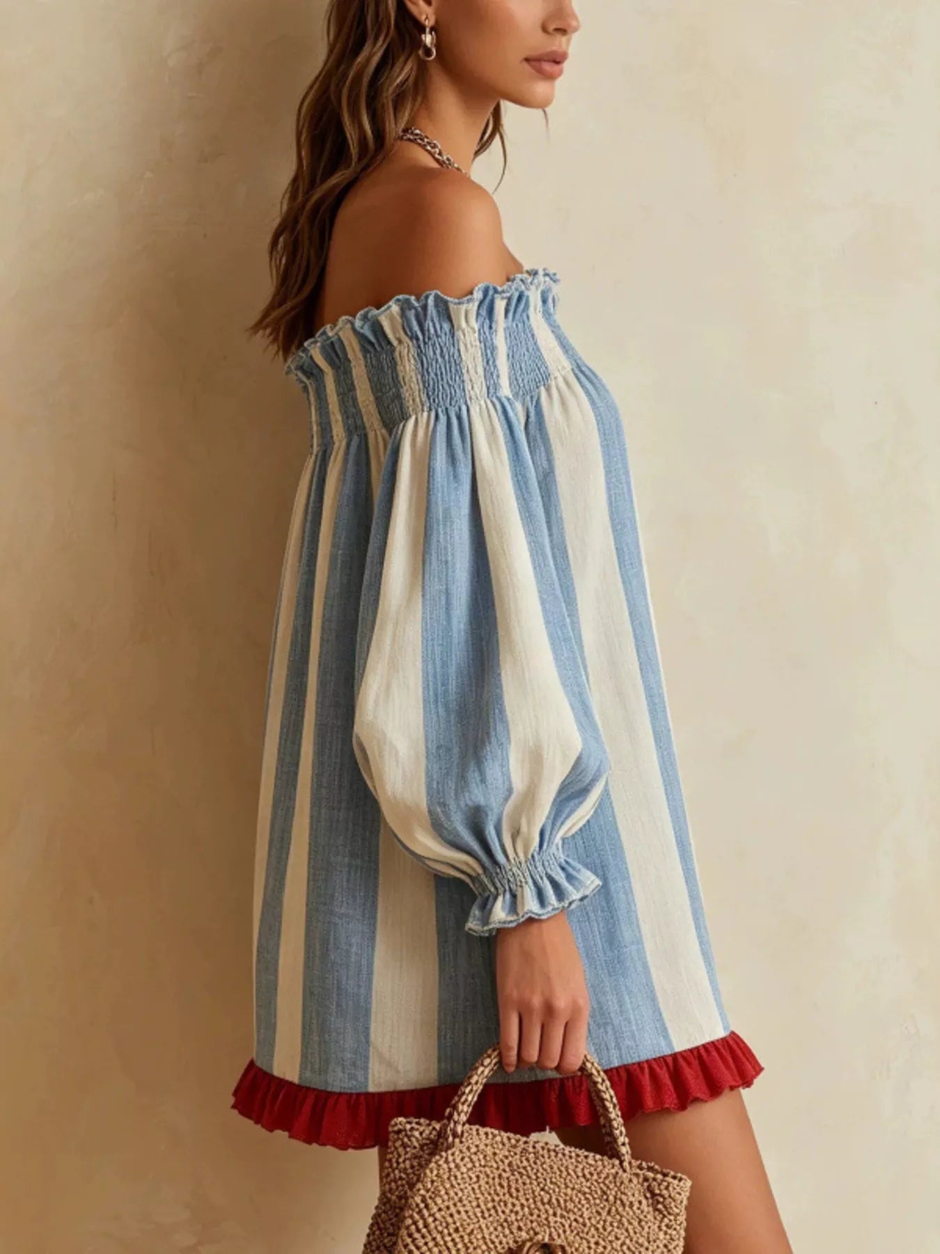 Trendsi Off-Shoulder Striped Ruffle Hem Mini Dress -