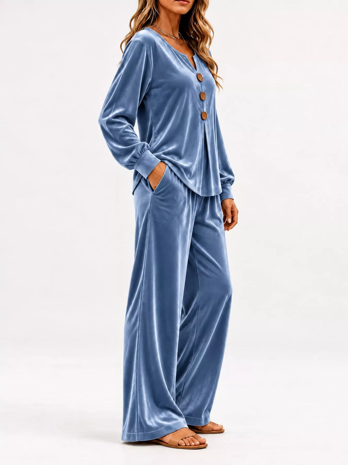 Blue decorative button top and pants set — side view