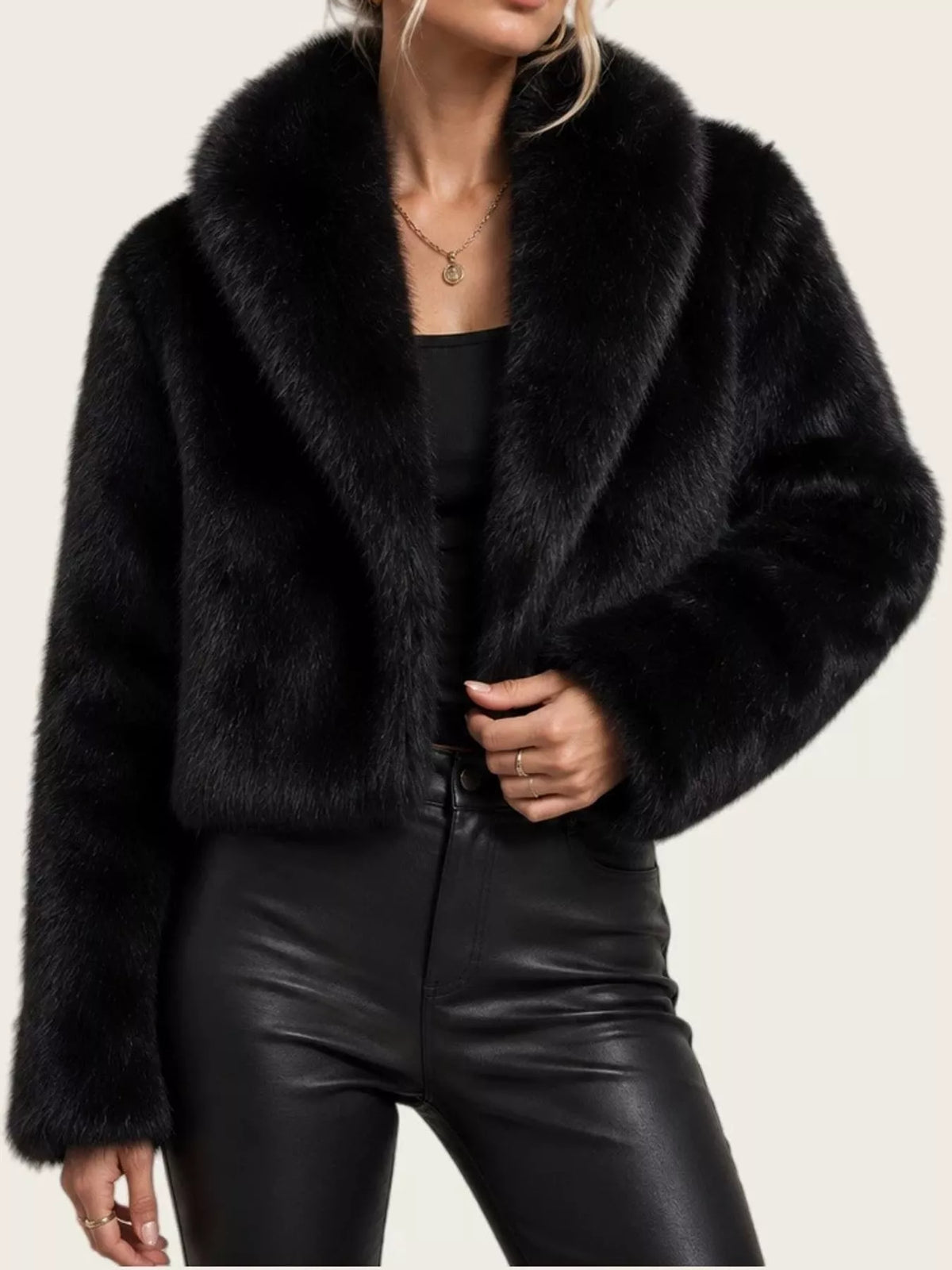 Faux Fur Cropped Coat in black