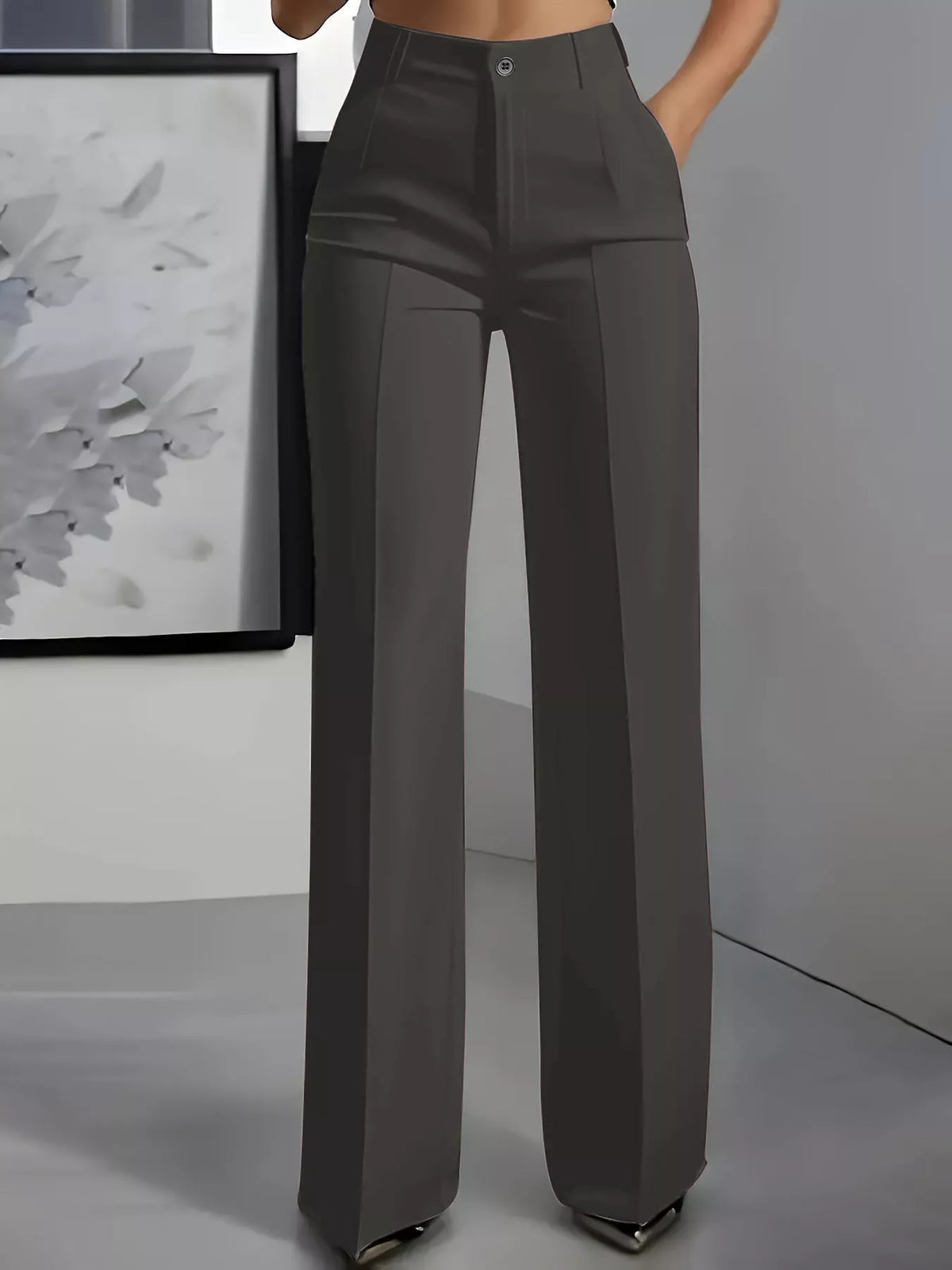 Dark gray high-waisted wide-leg pants, front view