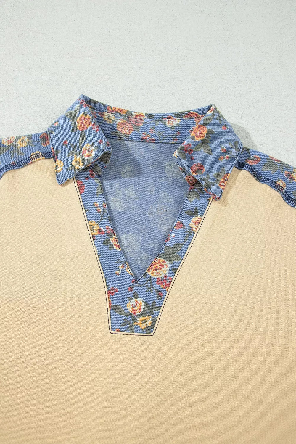 Trendsi Floral Denim Patchwork Collar V Neck Long Sleeve Pullover Top -