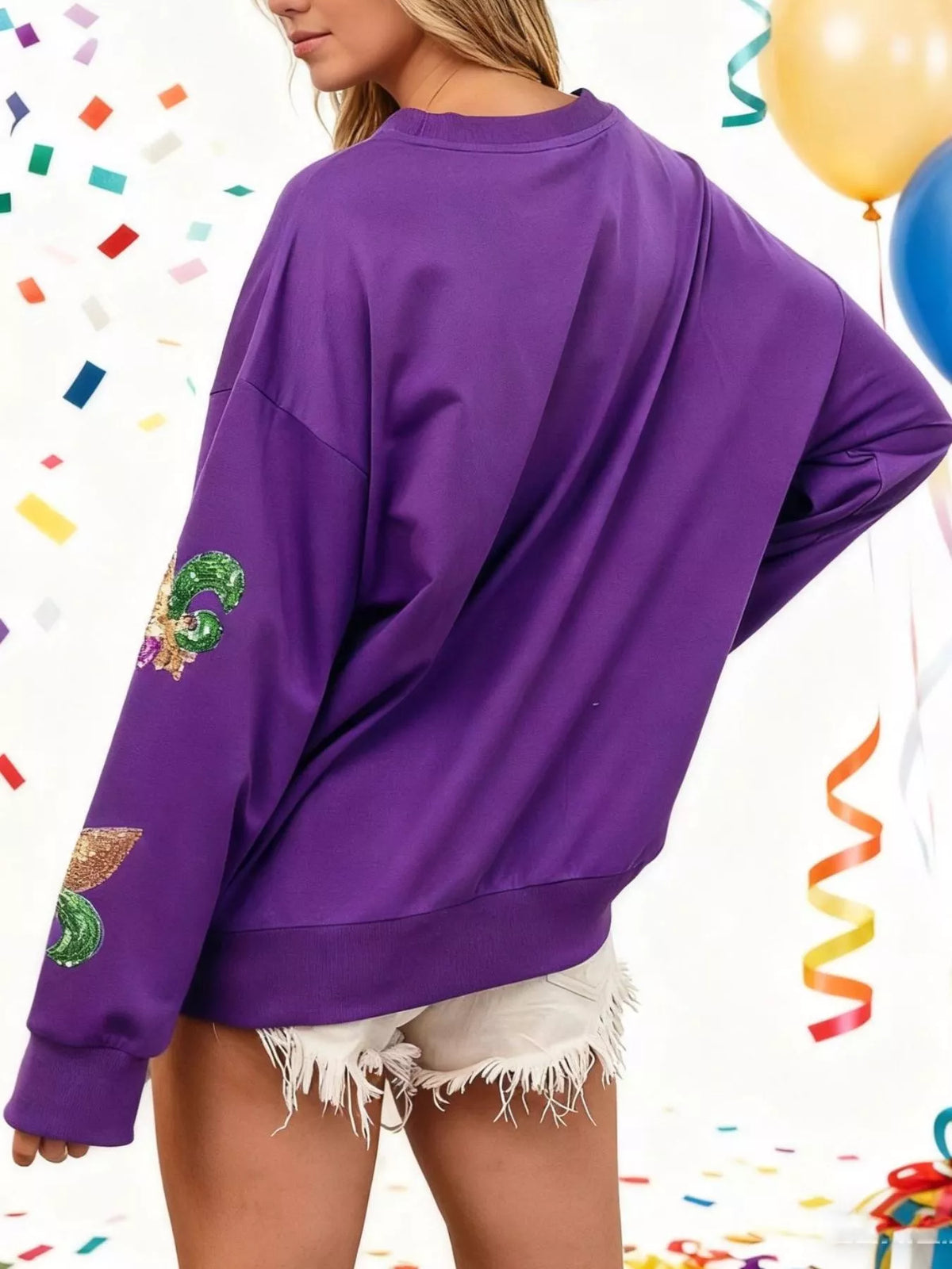 Trendsi Mardi Gras Sequin Crew Neck Sweatshirt -