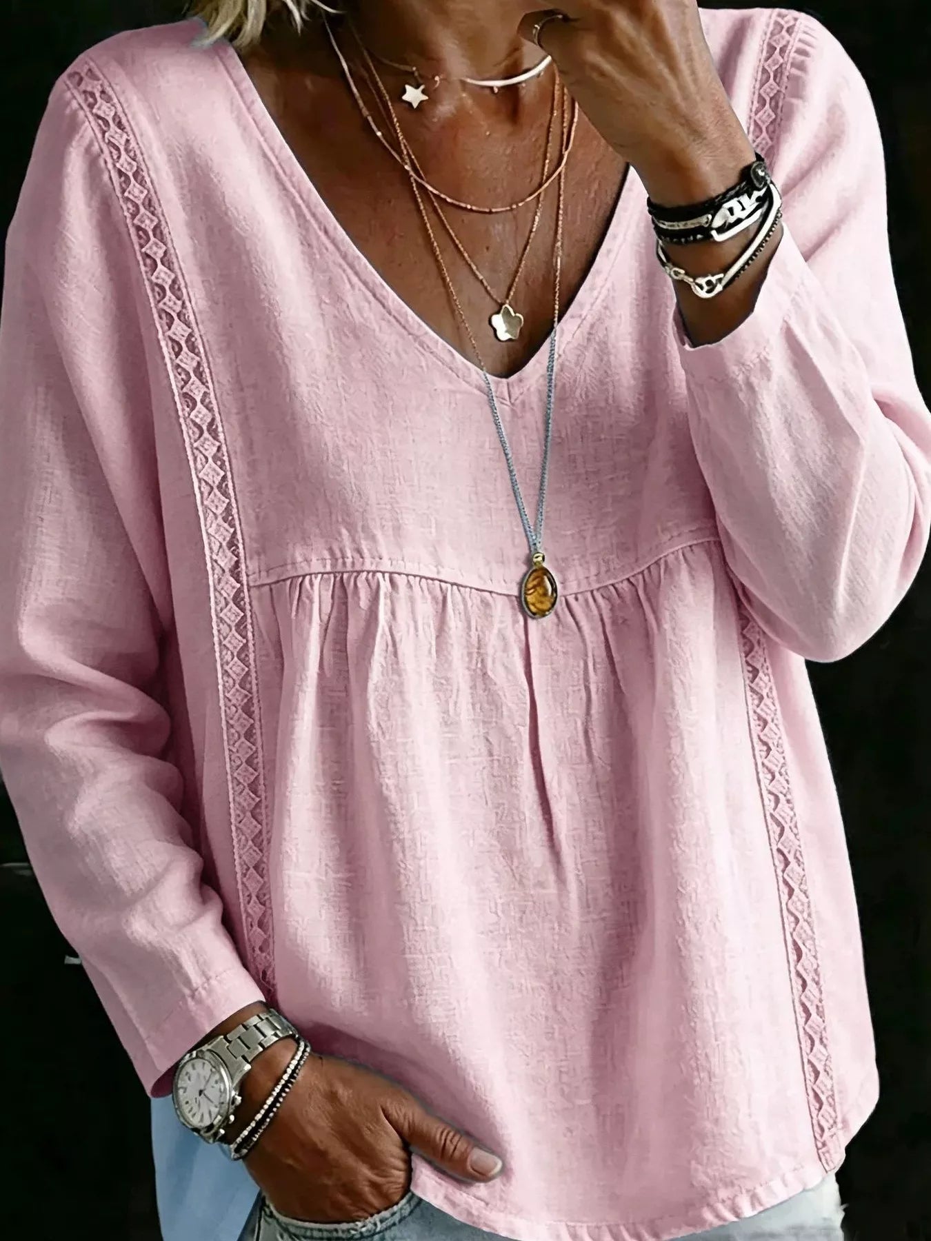 Trendsi Full Size V-Neck Lace Trimmed Long Sleeve Blouse Plus Size -