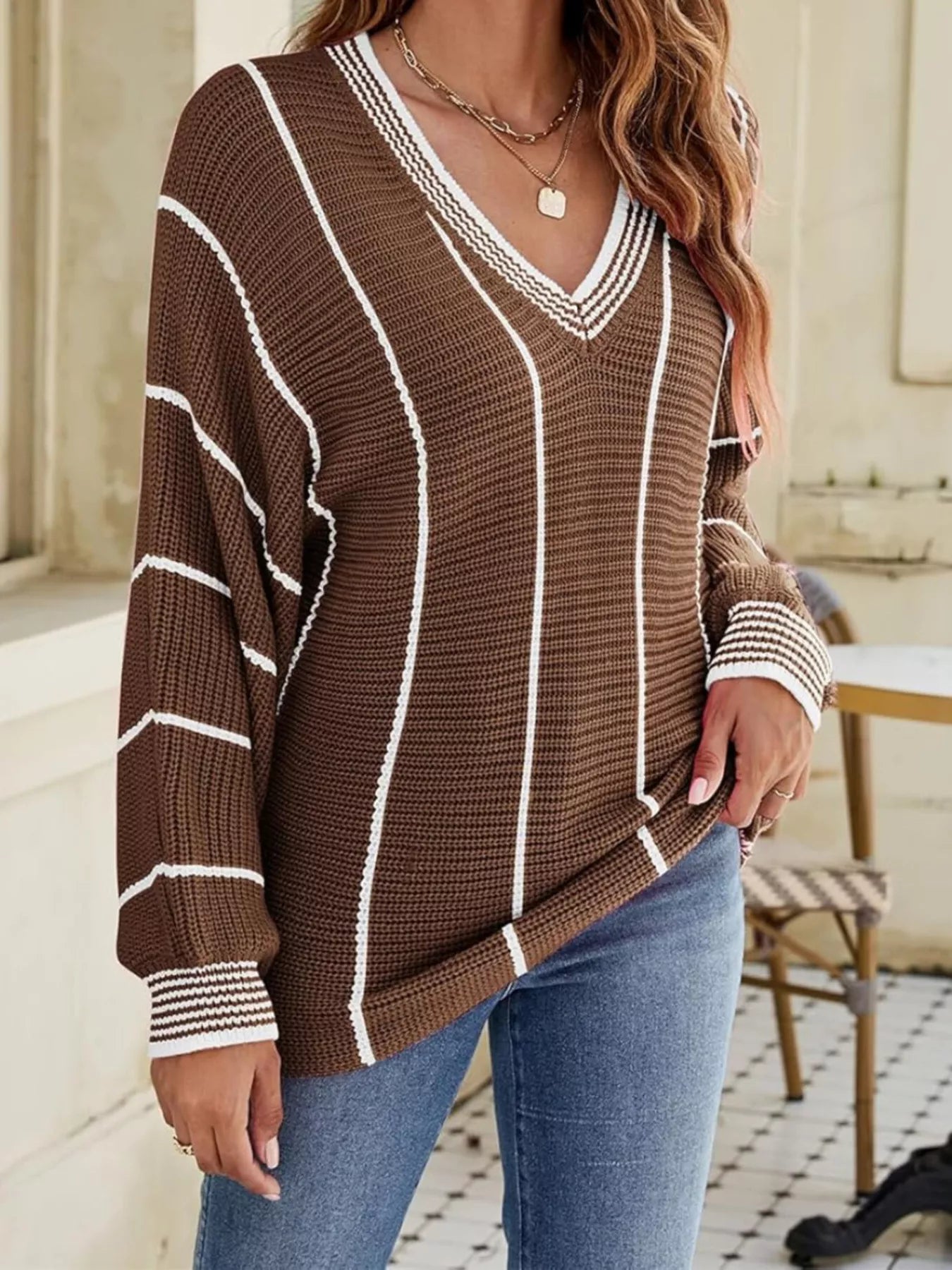 Trendsi V-Neck Striped Contrast Sweater -