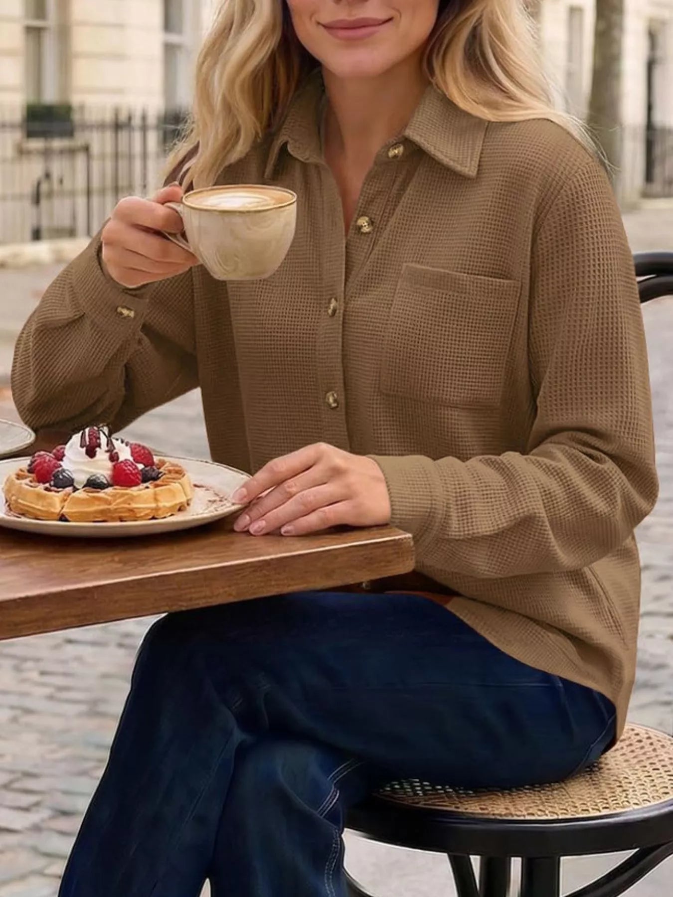 Trendsi Waffle Knit Button-Down Long Sleeve Shirt -