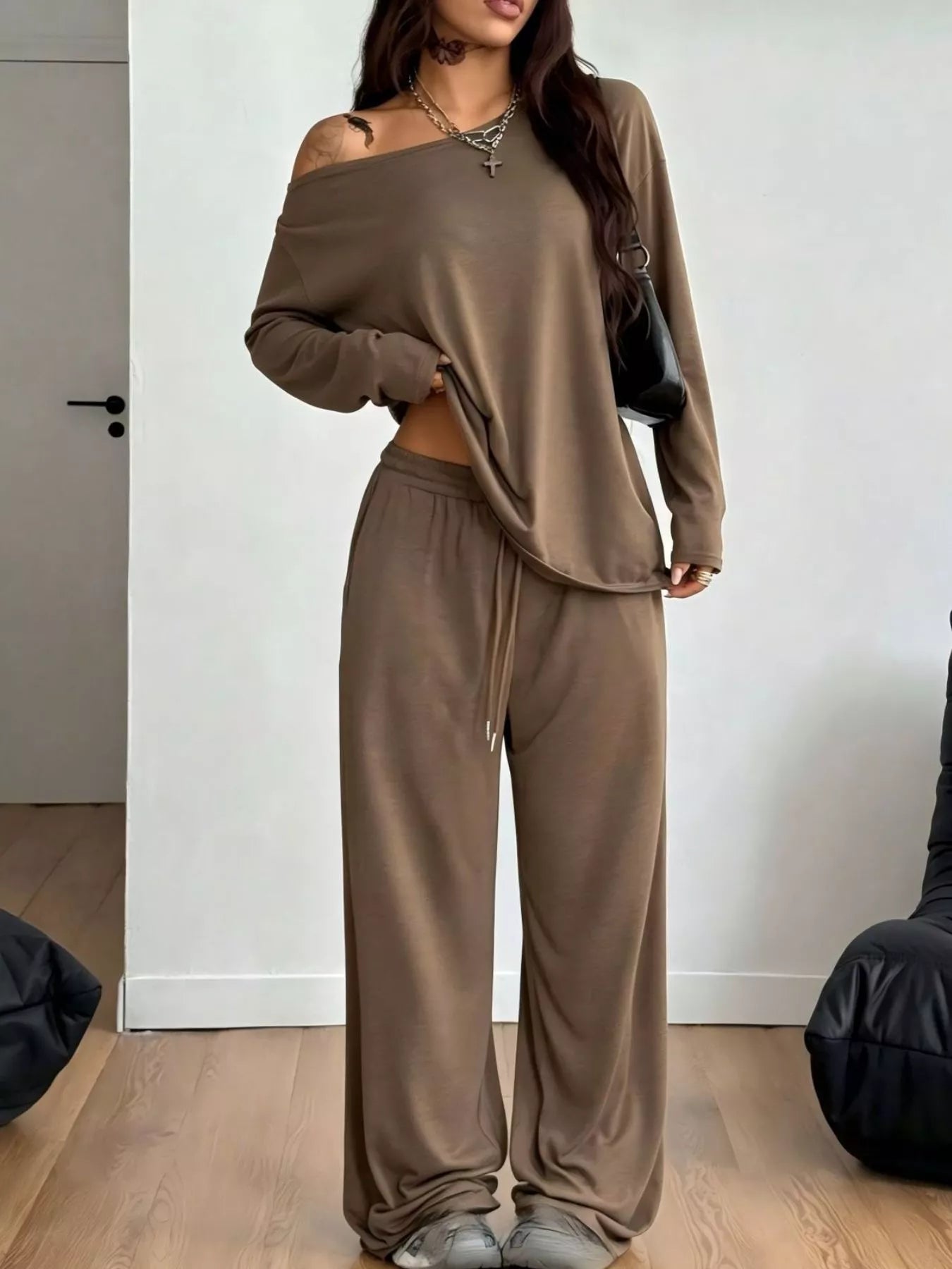 Trendsi Full Size One-Shoulder Top and Drawstring Pants Set Plus Size -