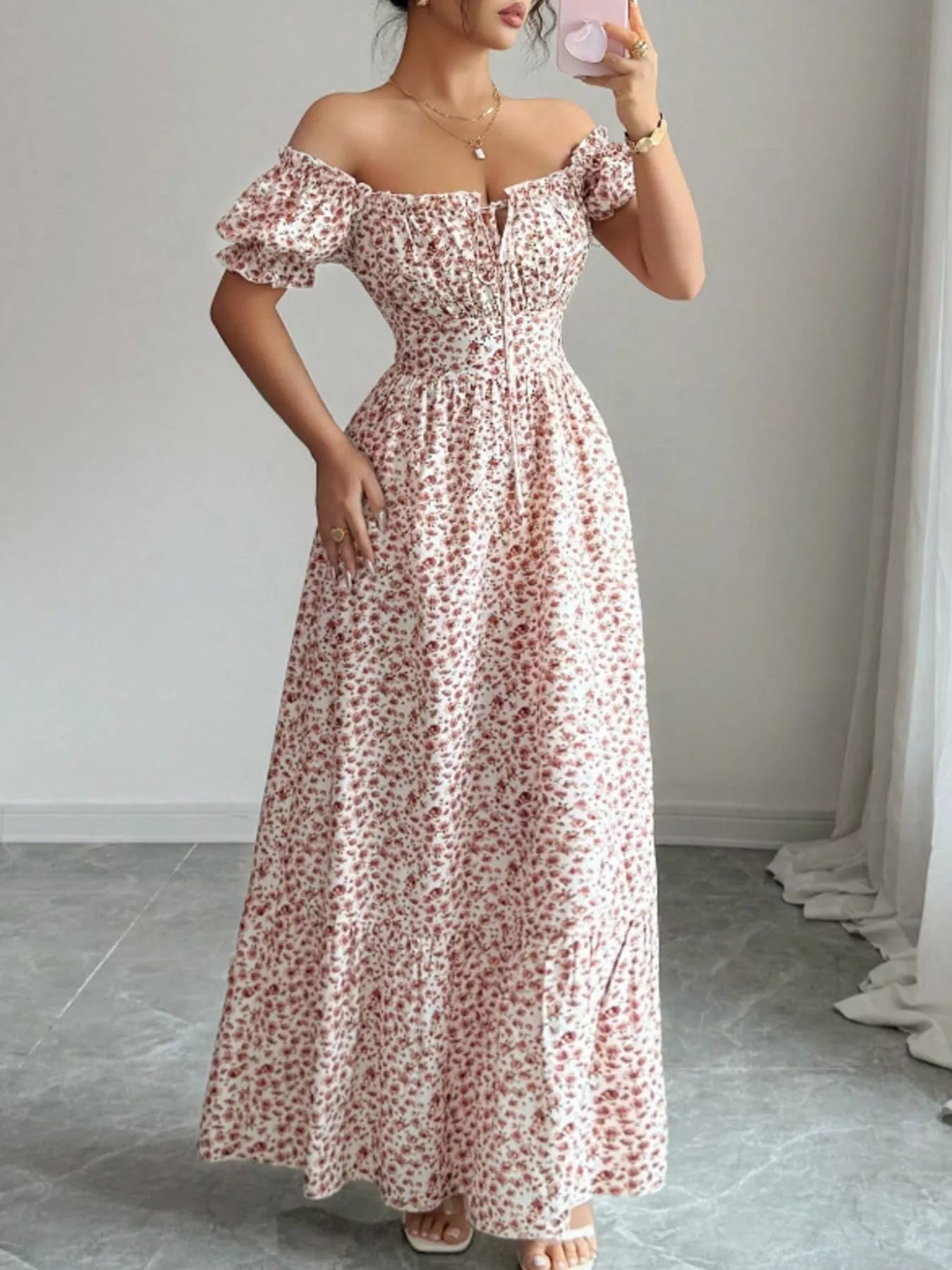 Trendsi Floral Print Puff Sleeve Maxi Dress -